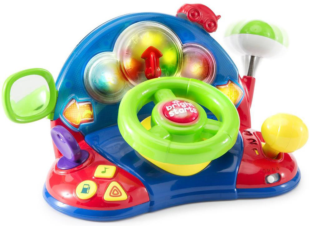 Bright Starts Развивающая игрушка Маленький водитель52178 Bright Starts Развивающая игрушка Маленький водитель52178Развивающая игрушка Bright Starts Маленький водитель - функциональная игровая панель, который придется по нраву детям от 6 месяцев и до трех лет. С помощью игрушки ребенок сможет почувствовать себя в роли водителя. Вращая руль, переключая тумблер скоростей и нажимая на кнопки, ребенок будет радоваться реалистичному шуму двигателя, приятным мелодиям и мигающим разноцветным огонькам! Для того чтобы активировать игрушку, необходимо покрутить руль в любую сторону. Зеркало можно настроить, как это делает настоящий автогонщик. Игрушка работает в режимах - беззвучно, тихо, громко. Наклоните антенну и посмотрите как она возвращается на место. На панели ребенок найдет 3 кнопки с иконками, на которых изображены значки нота, треугольники, топливо. Все элементы на панели можно вращать и двигать. Когда ребенок начнет крутить руль, он услышит забавные песенки, стишки и порядковый счет. Рекомендуется докупить 3 батарейки напряжением 1,5V типа АА (товар комплектуется...