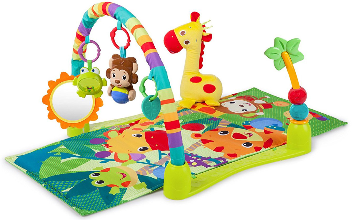 Bright Starts Развивающий коврик Джунгли52275 Bright Starts Развивающий коврик Джунгли52275Развивающий коврик Bright Starts Джунгли предназначен для детей с рождения. На коврике малыш сможет играть долгое время! Коврик будет развивать зрение, слух, мелкую моторику и воображение малыша. Большого плюшевого жирафа можно брать с собой в кроватку. Особенности: Пальма с передвигающимися шариками идеально подходит для игры сидя. На дуге имеются безопасное зеркальце в виде солнышка и обезьянка с шариком, который активирует забавные звуки и мелодии. Листочек-прорезыватель успокоит зубки малыша, а лягушка-погремушка с бусинами в животе его развеселит. Игрушки можно легко снять с дуги и прикрепить к переноске или коляске. Коврик можно стирать в стиральной машине. Коробка с ковриком поставляется в удобном пластиковым чехле с ручкой. Необходимо купить 2 батарейки напряжением 1,5V типа АА (не входят в комплект).