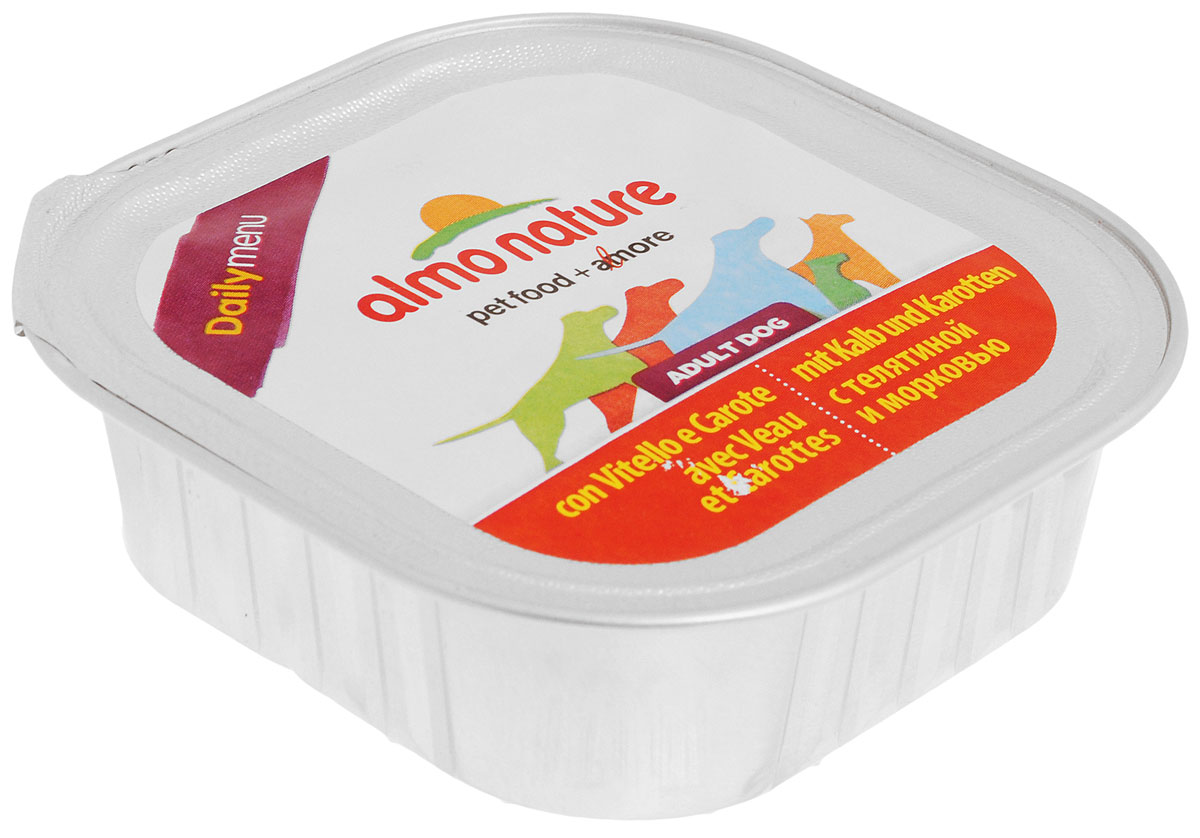 Паштет для собак Almo Nature Daily Menu, с телятиной и морковью, 100 г23244 Паштет для собак Almo Nature Daily Menu, с телятиной и морковью, 100 г23244Паштет для собак Almo Nature Daily Menu изготовлены из отборных, гипоаллергенных и легко усвояемых ингредиентов. Содержат питательные, высококачественные продукты: подлинное мясо свободного выгула - без гормонов и антибиотиков, а также овощи и злаки, произрастающие в экологически чистых условиях без использования пестицидов и химических веществ. Товар сертифицирован.