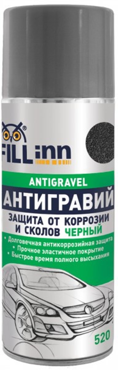 Антигравий Fill Inn, цвет: черный, 520 млFL115 Антигравий Fill Inn, цвет: черный, 520 млFL115Обеспечивает долговечную антикоррозийную защиту днища, крыльев, нижней части бамперов, колесных арок и порогов автомобиля. Защищает поверхность от летящих камней, воздействия дорожной соли и агрессивных веществ. Образует прочное эластичное покрытие, устойчивое к перепадам температур. Не растрескивается и не отслаивается на морозе. Обладает хорошей адгезией и звукоизоляционными свойствами. Быстро сохнет. После высыхания покрытие может быть окрашено большинством типов эмалей.