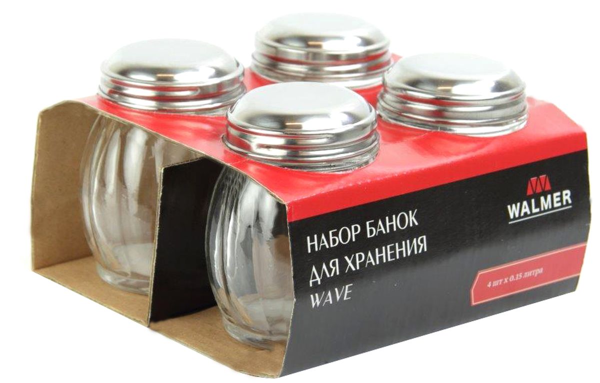 Набор банок для хранения Walmer Wave, 150 мл, 4 штW05222015 Набор банок для хранения Walmer Wave, 150 мл, 4 штW05222015Набор Walmer Wave состоит из 4 банок для хранения. Изделия выполнены из высококачественного прозрачного стекла и снабжены стальными крышками. Набор подходит для специй, чая, кофе, меда, сахара и соли и многого другого. Набор стильно дополнит интерьер кухни и станет замечательным и полезным подарком для ваших родных и близких. Посуда пригодна для мытья в посудомоечной машине. Диаметр баночки (по верхнему краю): 14 см. Высота баночки (без учета крышки): 8,5 см.