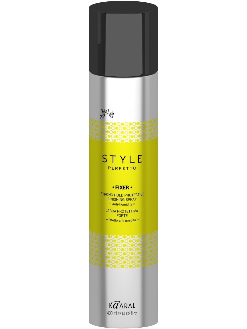 Kaaral Защитный лак для волос сильной фиксации Style Perfetto Fixer Strong Hold Protective Finishing Spray, 400 млK15935 Kaaral Защитный лак для волос сильной фиксации Style Perfetto Fixer Strong Hold Protective Finishing Spray, 400 млK15935Защитный лак с фиксацией средне-сильной степени создает форму, не утяжеляя волосы, оказывает защитное действие благодаря пантенолу. Лак сохраняет укладку длительное время, устойчив к влаге. Не пересушивает волосы, придает им блеск.