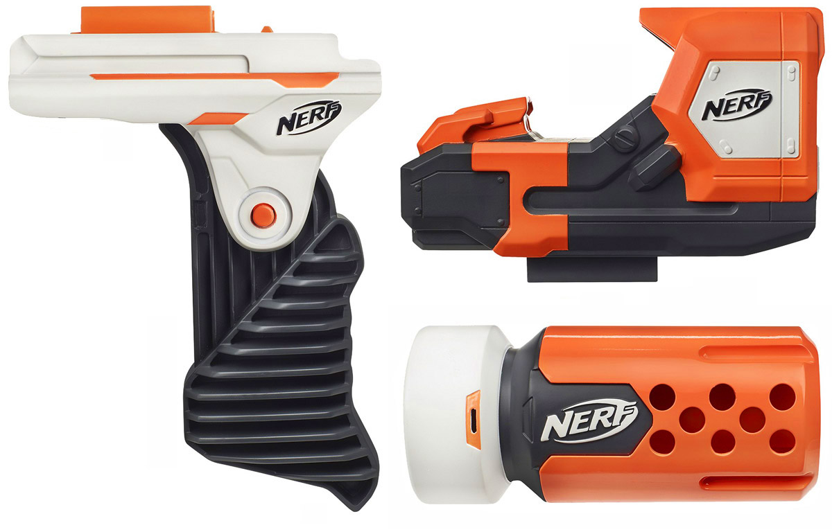 Nerf Набор аксессуаров для бластера Специальный агентB1535EU4 Nerf Набор аксессуаров для бластера Специальный агентB1535EU4Набор аксессуаров для бластера Nerf Специальный агент для осуществления операции Тише едешь - дольше ходишь... включает в себя изготовленные из высококачественного материала лазерный прицел, откидную рукоятку и глушитель. С помощью этого набора можно модернизировать бластер Nerf N-Strike Modulus ECS-10 (приобретается отдельно) до уровня полноценной снайперской винтовки, такой, какими пользуются секретные агенты и наемники высшего класса. Для того, чтобы надежнее удерживать бластер в руках, предназначена специальная откидная рукоятка, а бесшумности выстрелов и, как следствие, уменьшению вероятности обнаружения, служит надежный глушитель. Для работы прицела необходимо купить 2 батарейки напряжением 1,5V типа ААА (не входят в комплект).
