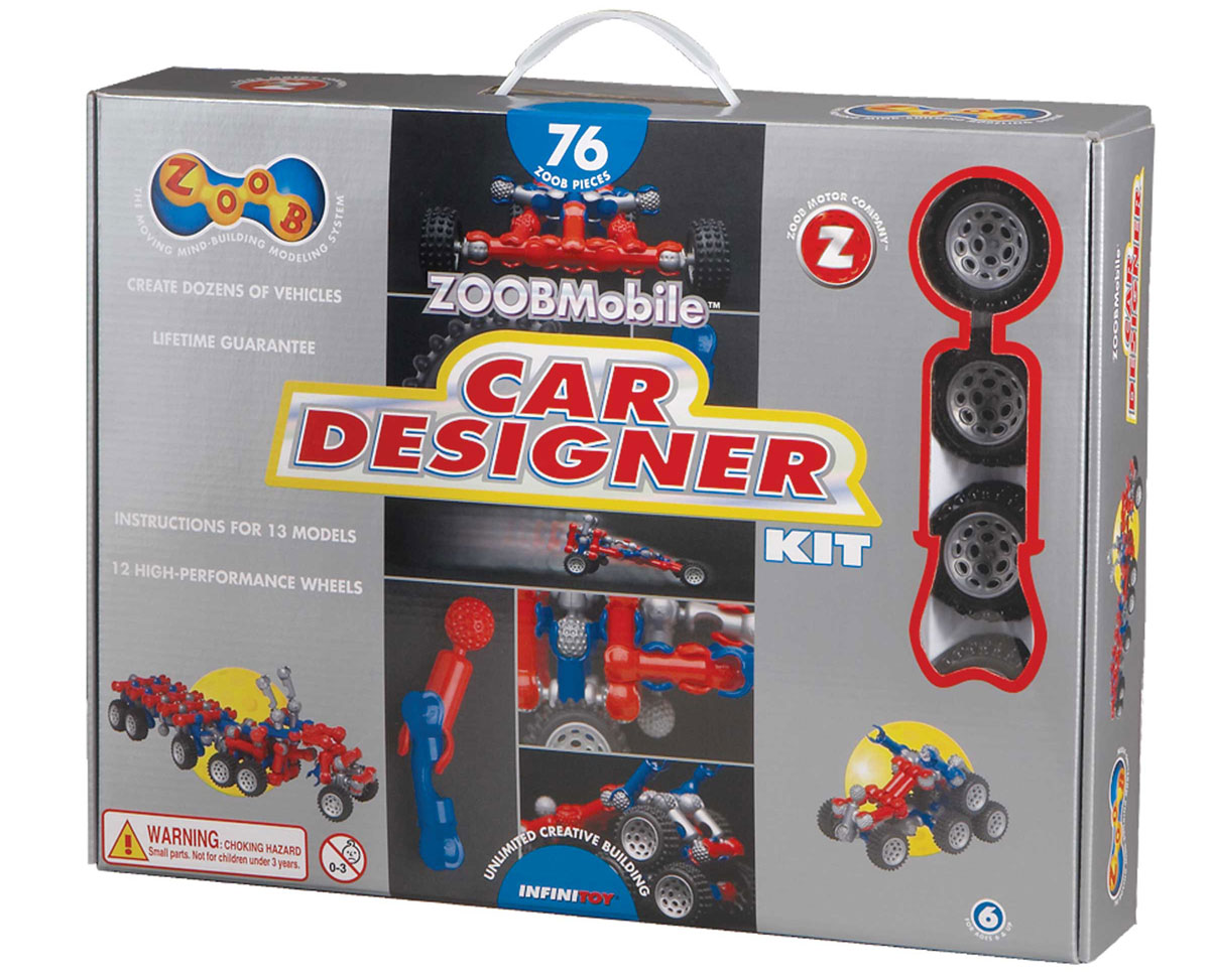 Zoob Конструктор Car Designer12052 Zoob Конструктор Car Designer12052Zoob - подвижный многовариантный конструктор, завоевавший внимание детей и их родителей во всем мире. Конструктор Zoob Car Designer - прекрасный набор для юных изобретателей, который поможет детям ощутить себя одновременно в роли проектировщика, создателя и гонщика. В набор входят 76 деталей трех ярких гоночных цветов (красный, синий и серый) и 3 набора колес. Юный инженер сможет собирать уже существующие в инструкции пошаговые схемы моделей или разрабатывать свои собственные. Лимузин, грузовик, трейлер, луноход, джип, экскаватор - вот далеко не полный список того, что можно собрать из деталей конструктора. Три набора колес позволят создавать длинные гибридные машинки или одновременно три машинки. Благодаря этому ваш автолюбитель сможет устроить гоночные соревнования со своими друзьями. Элементы конструктора Zoob соединяются между собой более чем 20 различными способами. Представьте ту безграничность вариантов моделей, которые можно создать с помощью конструктора...