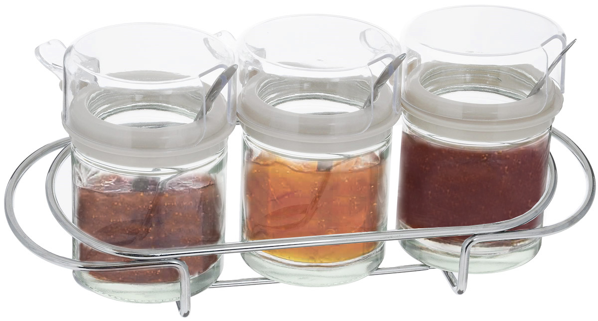 Набор банок для хранения продуктов SinoGlass, с ложками, на подставке, 7 предметов6722001 Набор банок для хранения продуктов SinoGlass, с ложками, на подставке, 7 предметов6722001Набор для хранения продуктов SinoGlass состоит из 3 банок, 3 ложек и подставки. Банки, выполненные из прочного стекла, оснащены пластиковыми вставками и крышками, а также металлическими ложками. Изделие прекрасно подойдет для хранения соусов, сливок, меда, варенья или сахара. Банки компактно располагаются на металлической подставке. Такой набор стильно дополнит интерьер кухни и прекрасно послужит для хранения продуктов. Отличный подарок к любому случаю, который порадует любую хозяйку. Диаметр банки (по верхнему краю): 6 см. Высота банки (с учетом крышки): 9 см. Длина ложки: 10,5 см. Размер подставки: 24 х 7,5 х 5 см.
