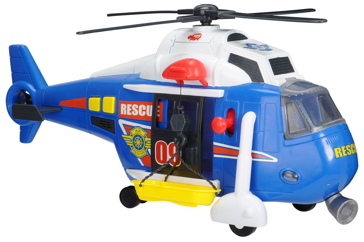 Dickie Toys Вертолет Air Rescue3308356 Dickie Toys Вертолет Air Rescue3308356Многофункциональный вертолет Dickie Toys Air Rescue станет отличным подарком для вашего мальчика, в особенности, если он увлечен специальной техникой. Эта замечательная игрушка изготовлена из высококачественного пластика и обладает разными уникальными особенностями. Двери вертолета и стекло кабины открываются, внутрь можно посадить фигурку любимого героя. При нажатии на кнопки, расположенные в хвосте вертолета, крутится винт, слышен звук двигателя, сирена, светятся бортовые огни и прожектор. Лебедка управляется с помощью рычажка, расположенного возле двери. С помощью лебедки можно поднимать и опускать спасательную люльку (в комплекте). С этой игрушкой ваш малыш будет часами занят игрой. Порадуйте его таким замечательным подарком! Для работы игрушки необходимы 3 батарейки напряжением 1,5V типа АА (товар комплектуется демонстрационными).