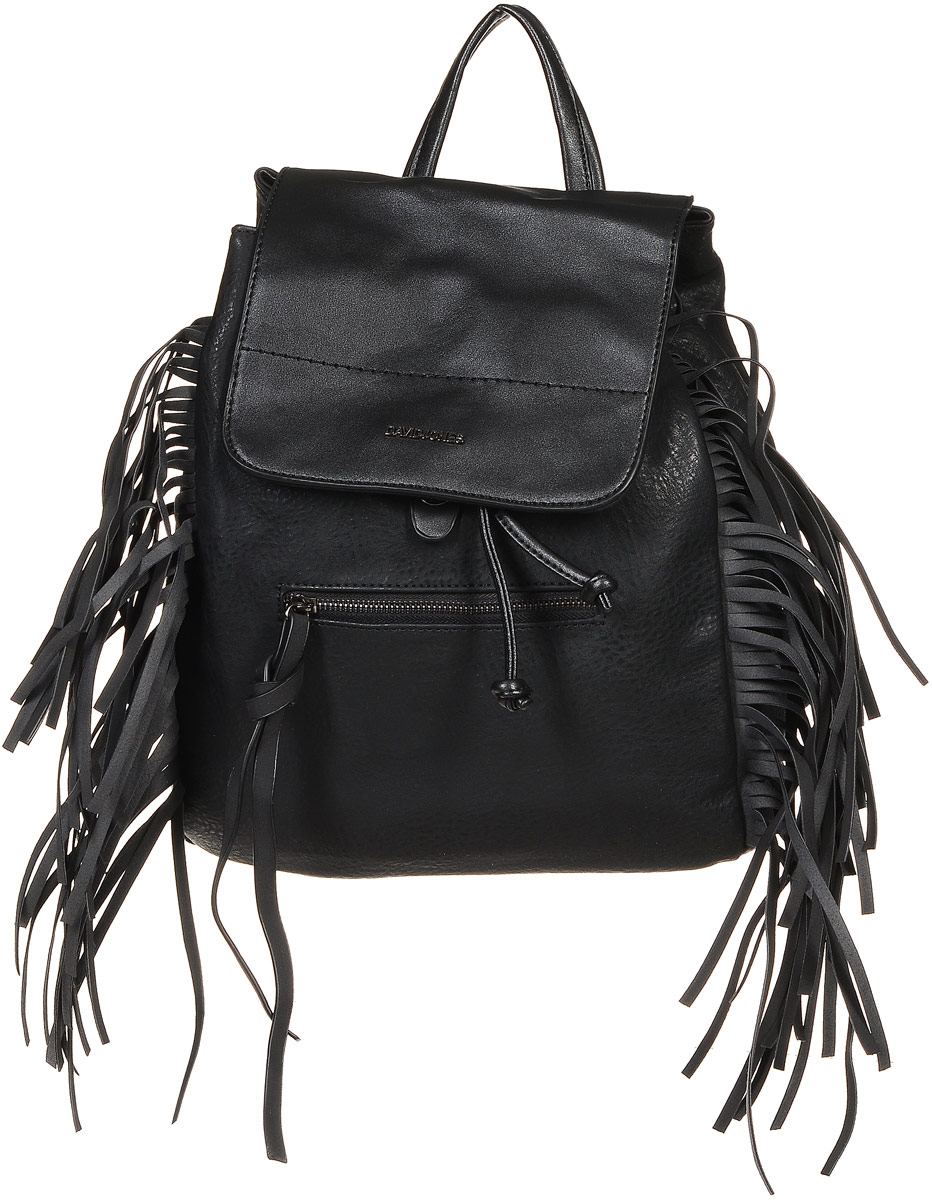 Рюкзак женский David Jones, цвет: черный. 5238-25238-2 BLACK Рюкзак женский David Jones, цвет: черный. 5238-25238-2 BLACKСтильный женский рюкзак David Jones, выполненный из искусственной кожи и текстиля, оформлен по бокам бахромой. Изделие имеет одно основное отделение, которое закрывается на затягивающийся шнурок и дополнительно на клапан с ремешком на защелке. Внутри изделия расположены прорезной карман на застежке-молнии и два накладных открытых кармана. Снаружи, на передней и задней стенках находятся прорезные карманы на застежках-молниях. Рюкзак оснащен удобными лямками регулируемой длины и ручкой для переноски в руке. Практичный и стильный аксессуар позволит вам завершить свой образ и быть неотразимой.