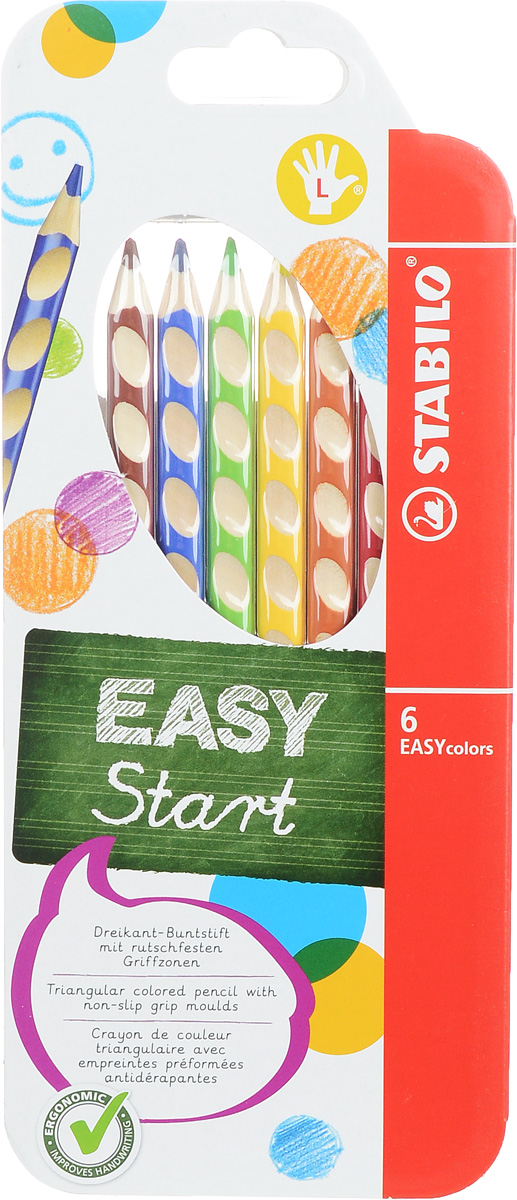 Stabilo Набор цветных карандашей Easycolors для левшей 6 шт331/6_вид2 Stabilo Набор цветных карандашей Easycolors для левшей 6 шт331/6_вид2Преимущества карандашей Stabilo Easycolors. Специальные углубления на корпусе карандаша подсказывают ребенку как располагать большой и указательный пальцы, прививая первоначальный навык правильно держать пишущий инструмент. Расположение углублений по всей длине корпуса обеспечивает правильное удержание карандаша ребенком при письме и рисовании даже после заточки карандаша. С течением времени навык автоматически закрепляется в памяти ребенка, позволяя ему быстрее и легче адаптироваться к процессу обучения письму, освоить правильную технику письма и сделать письмо красивым и быстрым. Создают максимальный комфорт для ребенка - трехгранная форма карандаша соответствует естественному захвату руки, уменьшая мышечные усилия, необходимые для его удержания, - ребенок может рисовать длительное время без ощущения усталости. Утолщенная форма корпуса облегчает удержание карандашей детьми с недостаточно развитой мелкой моторикой руки. Карандаши разработаны с учетом...