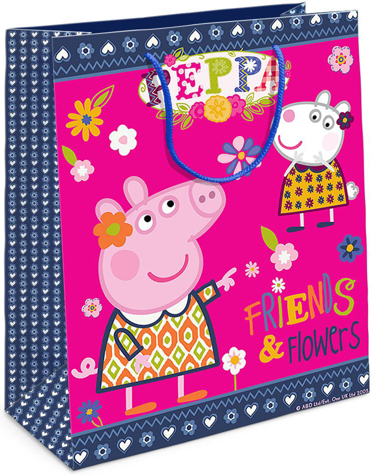 Peppa Pig Пакет подарочный Пеппа и Сьюзи 23 х 18 х 10 см31020 Peppa Pig Пакет подарочный Пеппа и Сьюзи 23 х 18 х 10 см31020Подарочный пакет Peppa Pig Пеппа и Сьюзи выполнен из плотной бумаги и оформлен ярким красочным изображением в виде свинки Пеппы и Сьюзи. Дно изделия укреплено плотным картоном, который позволяет сохранить форму пакета и исключает возможность деформации дна под тяжестью подарка. Для удобной переноски у пакета имеются две текстильные ручки. Подарок, преподнесенный в оригинальной упаковке, всегда будет самым эффектным и запоминающимся. Окружите близких людей вниманием и заботой, вручив презент в нарядном, праздничном оформлении.