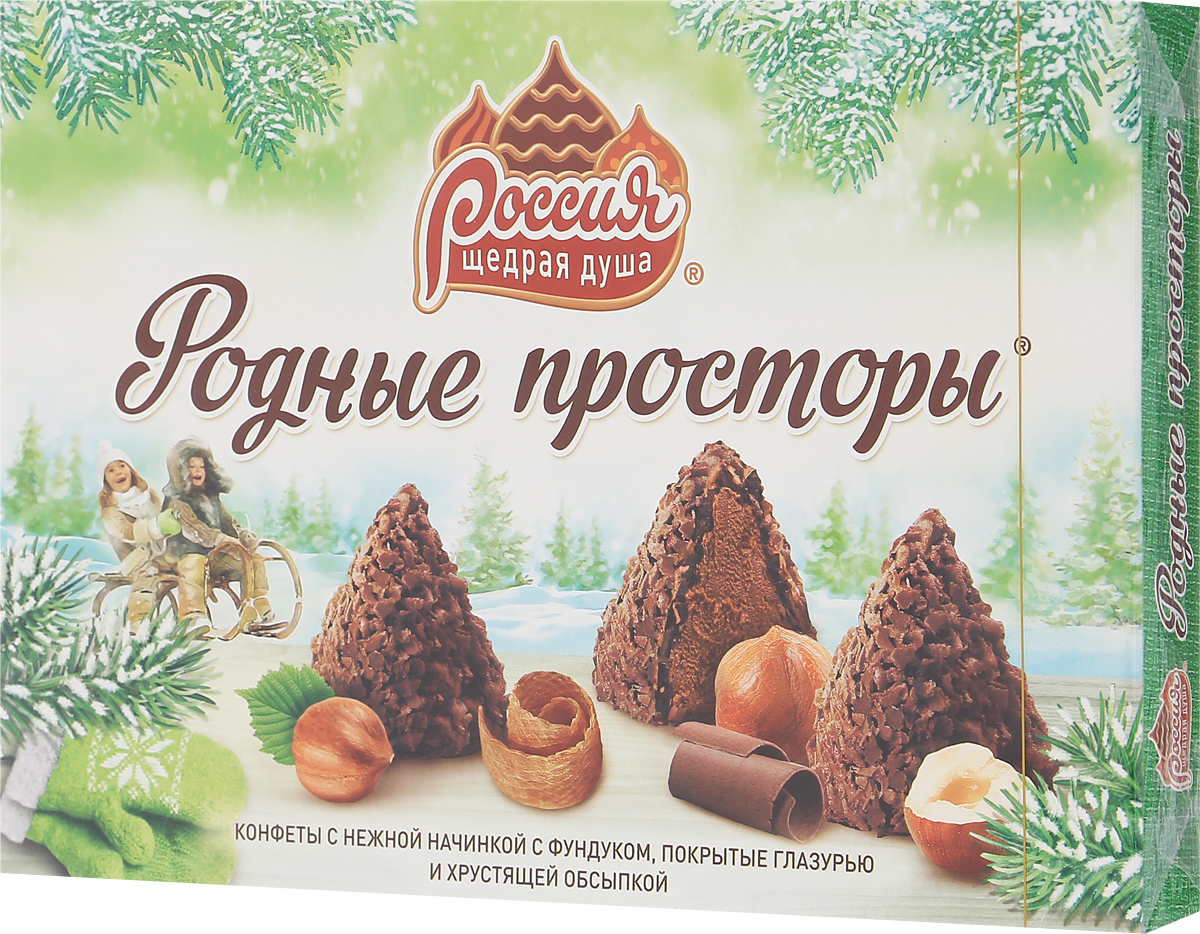 Россия-Щедрая душа! Родные просторы конфеты с фундуком, 200 г12236819 Россия-Щедрая душа! Родные просторы конфеты с фундуком, 200 г12236819Родные просторы - это конфеты с нежной ореховой начинкой с фундуком, покрытые шоколадной глазурью и хрустящей обсыпкой. Начинка из тертого ореха позволит насладиться невероятным вкусом конфет. Уважаемые клиенты! Обращаем ваше внимание, что полный перечень состава продукта представлен на дополнительном изображении. Упаковка может иметь несколько видов дизайна. Поставка осуществляется в зависимости от наличия на складе.