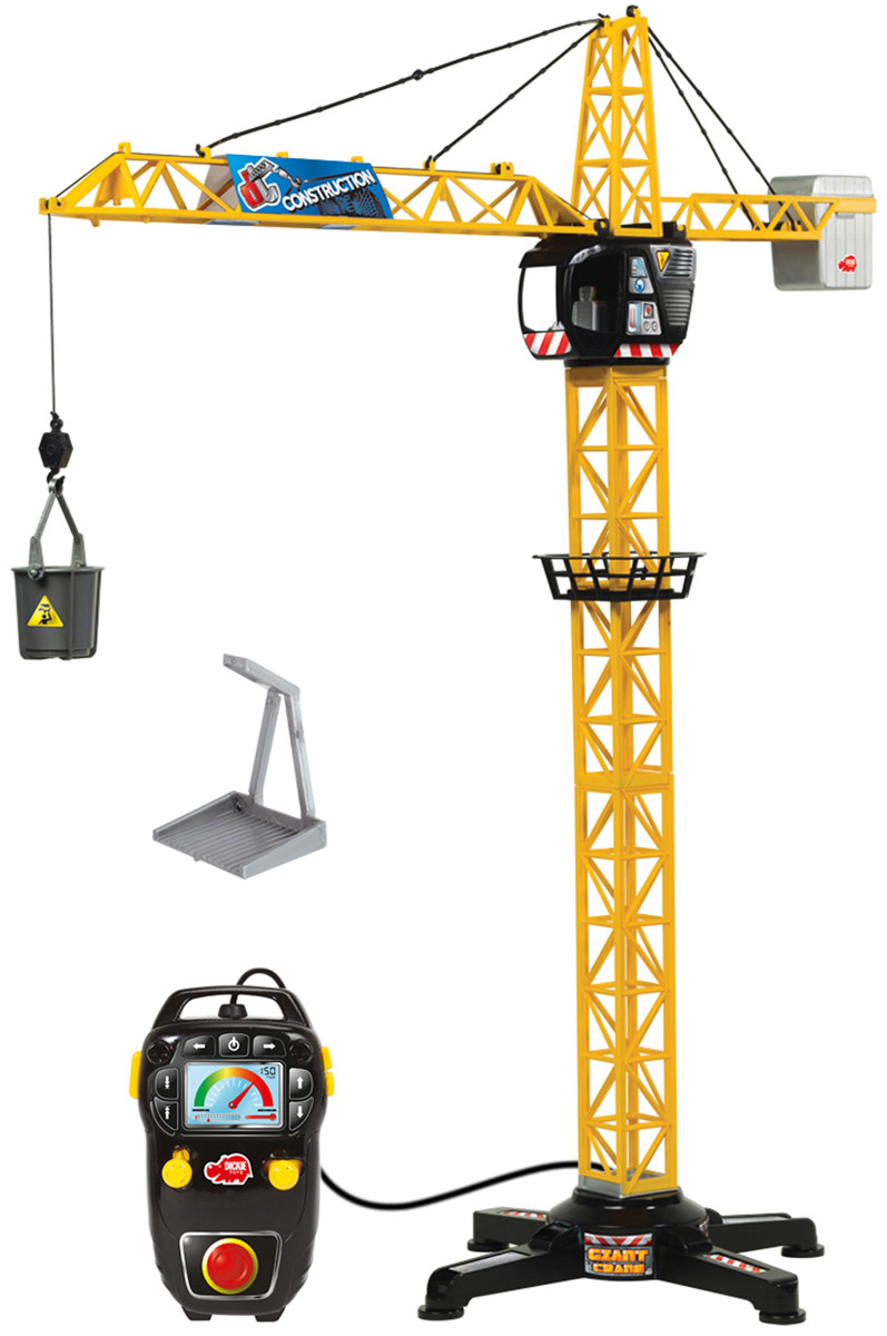 Dickie Toys Башенный кран 100 см3462411 Dickie Toys Башенный кран 100 см3462411Башенный кран Dickie Toys с проводным дистанционным управлением - это прекрасный подарок для маленького строителя. Игрушка является точной копией настоящего крана. С его помощью малыш сможет поднимать и перемещать груз. Левый рычаг на пульте управления поможет переместить грузовую тележку по стрелке подъемного крана. Правый рычаг необходим для регулировки поворота стрелы. Максимально возможный угол поворота составляет 350°. Кнопки на пульте предназначены для регулировки высоты поднимаемого груза. В основании крана имеется широкая платформа для обеспечения устойчивости игрушки. Также в комплект входит вместительный контейнер для груза, который цепляется за крюк. С краном Dickie Toys ваш ребенок сможет развернуть настоящую строительную площадку. Играя в сюжетно- ролевые игры, ребенок развивает фантазию, пространственное мышление и адаптируется через игру к окружающему миру. При управлении пультом будет развиваться моторика пальчиков. Для работы...