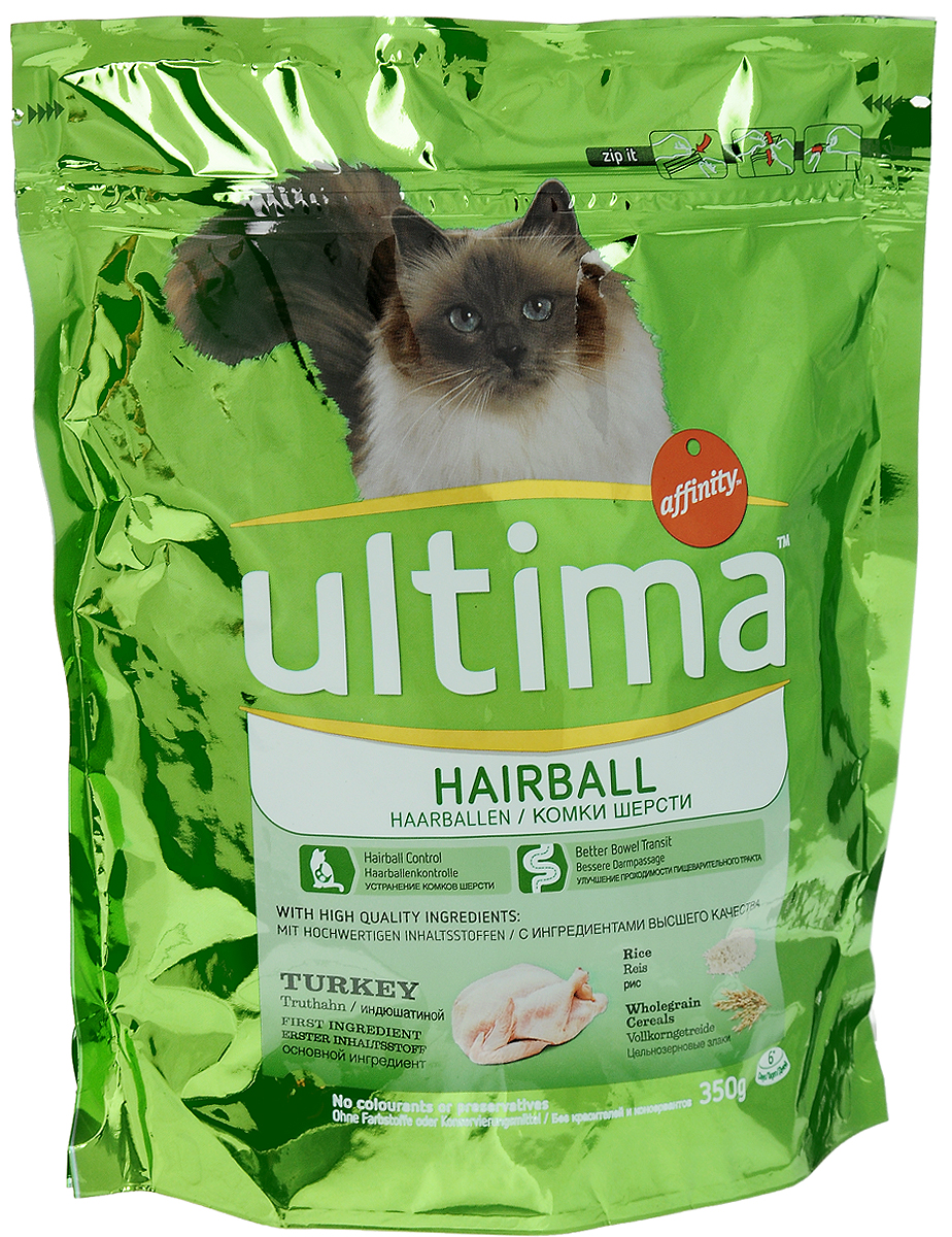 Корм сухой Ultima Hairball. Контроль комков шерсти для взрослых кошек, с мясом индейки, рисом и злаками, 350 г1850003 Корм сухой Ultima Hairball. Контроль комков шерсти для взрослых кошек, с мясом индейки, рисом и злаками, 350 г1850003Кошки — большие чистюли, и во время своего туалета они заглатывают шерсть, которая может скапливаться комками в желудке. Корм Ultima Hairball. Контроль комков шерсти не только препятствуют образованию комков шерсти, но и помогают животному избавиться от уже накопившихся. Преимущества: - УСТРАНЕНИЕ КОМКОВ ШЕРСТИ - волокна растительного происхождения и солодовый экстракт. - УЛУЧШЕНИЕ ПРОХОДИМОСТИ ПИЩЕВАРИТЕЛЬНОГО ТРАКТА - пищевые нерастворимые волокна. Товар сертифицирован.