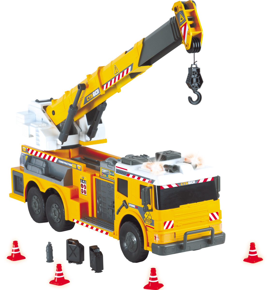 Dickie Toys Грузоподъемный кран3729004 Dickie Toys Грузоподъемный кран3729004Грузоподъемный кран Dickie Toys - интересная машина для ребенка, который увлекается игровой спецтехникой. Машина имеет свободный ход движения и поворотную башню крана. При нажатии на серые кнопки, расположенные сзади кабины, стрела крана начинает подниматься, опускаться или выдвигаться. Кран управляется вручную. Крюк у крана вытягивается на веревочке. Все это сопровождается включением звука сирены и красных сигнальных огней в верхней части машины, что придает большую реалистичность.Также в комплекте 4 конуса, 2 канистры, огнетушитель и 2 батарейки напряжением 1,5V типа LR41.