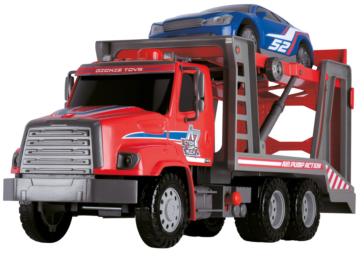 Dickie Toys Транспортер AirPump3809010 Dickie Toys Транспортер AirPump3809010Транспортер Dickie Toys AirPump с подъемным механизмом непременно понравится вашему ребенку. Игрушка выполнена из прочного пластика. Транспортер выглядит в точности как уменьшенная копия настоящей техники. Платформа поднимается и опускается с помощью накачки воздуха системой AirPump. Нажмите красную кнопку на крыше, чтобы поднять платформу для автомобиля, а затем нажмите на рычаг фиксатора, чтобы опустить ее вниз. В комплект входит гоночная машинка синего цвета. Разнообразие этого игрового набора позволит вашему ребенку проявить фантазию и придумать множество сюжетов для захватывающей игры. С этой игрушкой ваш малыш будет часами занят игрой. Порадуйте его таким замечательным подарком!