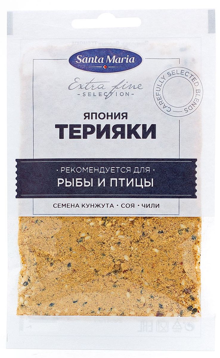 Santa Maria приправа Япония Терияки, 22 г100636 Santa Maria приправа Япония Терияки, 22 г100636Santa Maria Япония Терияки хорошо сочетается с овощами, рыбой и мясом, подходит для блюд, которые готовятся на гриле или открытом огне. Для маринада соедините приправу с соевым соусом, имбирем, соком и цедрой лимона. Прекрасно подходит для азиатских или салатных заправок.