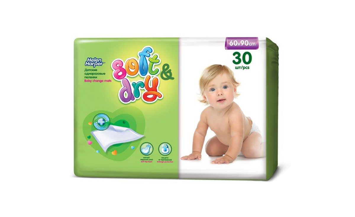 Helen Harper Детские впитывающие пеленки Soft & Dry 60 х 90 30 шт762901550 Helen Harper Детские впитывающие пеленки Soft & Dry 60 х 90 30 шт762901550Детские одноразовые впитывающие пеленки Helen Harper Soft & Dry имеют внешний непромокаемый слой, удобны и практичны в повседневном использовании: Для защиты постельного белья в кроватке и коляске При смене подгузника При проведении сеансов массажа и воздушных ванн При посещении врача На прогулке и в дороге, дома, в гостях и на даче Их также рекомендуется использовать в любом случае, когда с ребенка снимают подгузник. Верхний (наружный) слой пеленок Helen Harper Soft & Dry изготовлен из нетканого гипоаллергенного материала, а впитывающий (внутренний) слой – из распушенной целлюлозы. Такой материал не образует складок, чтобы ребенку было максимально комфортно, а также надежно впитывает и удерживает запах и влагу. Полиэтиленовое основание пеленок (нижний слой) исключает протекание жидкости. Данные характеристики обеспечивают исключительно высокое качество пеленок Helen Harper Soft & Dry. Пеленки Helen Harper Soft & Dry изготавливаются в двух типовых размерах: 40х60 см и 60х60 см....
