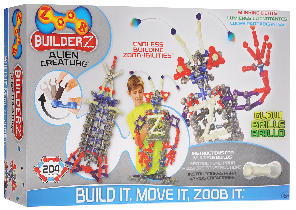 Zoob Конструктор Alien Creature14002 Zoob Конструктор Alien Creature14002Конструктор Zoob Alien Creature - это подвижный многовариантный конструктор, завоевавший внимание детей и их родителей во всем мире. Дети обожают играть с космическими пришельцами, ракетами и летающими тарелками. Набор включает в себя 204 детали и пошаговую инструкцию для создания различных инопланетных монстров. Некоторые элементы конструктора светятся в темноте, что придаст инопланетянам еще более фантастический вид. Конструкторы Zoob рекомендованы детям с 6 лет. Данное возрастное ограничение основано на том, что пространственное мышление у ребенка, по мнению специалистов, начинает развиваться именно с этого возраста. Во всех наборах Zoob содержатся 5 видов пластиковых деталей необычной формы. Они соединяются между собой 20-ю различными способами. Соединения деталей могут быть как неподвижными, так и подвижными. При подвижном соединении детали конструктора, защелкиваясь, образуют подобие суставов. Поэтому ребенок может не только собирать конструктор, но играть с ним...
