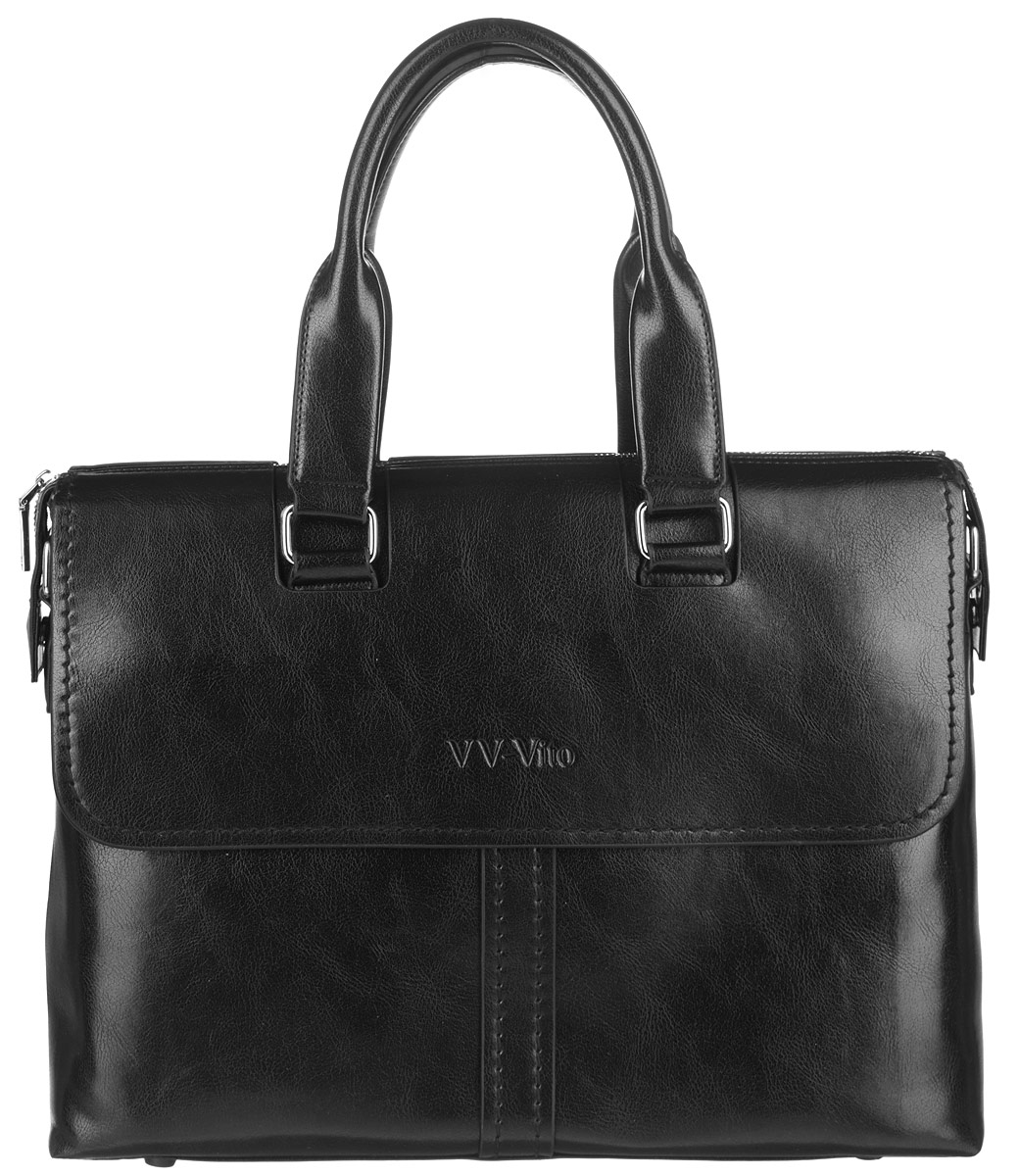 Сумка мужская Vera Victoria Vito, цвет: черный. 35-609-135-609-1 Сумка мужская Vera Victoria Vito, цвет: черный. 35-609-135-609-1Стильная мужская сумка Vera Victoria Vito выполнена из экокожи. Изделие имеет одно вместительное отделение, которое закрывается на застежку-молнию. Внутри сумки находятся прорезной карман на застежке-молнии, два открытых прорезных кармана и мягкий карман для планшета, закрывающийся на хлястик с липучкой. Снаружи, на передней и задней стенках расположены накладные карманы на магнитных кнопках, дополнительно закрывающиеся на клапаны с магнитами. Сумка оснащена двумя удобными ручками. В комплект входит съемный текстильный плечевой ремень, регулирующийся по длине. Основание изделия защищено от повреждений пластиковыми ножками. Стильная сумка идеально подчеркнет ваш неповторимый стиль.