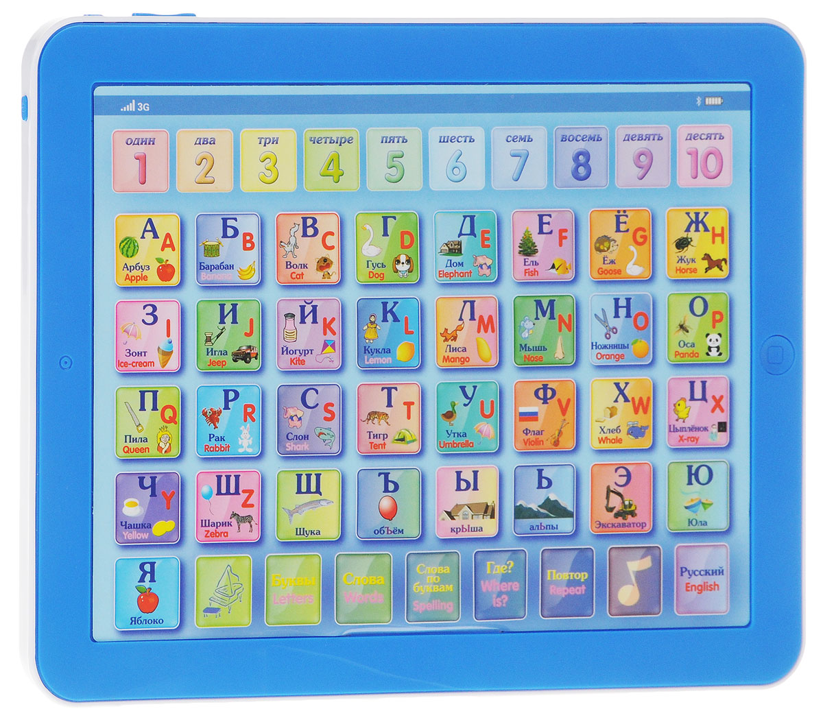 Genio Kids Игрушка электронная развивающая Учим русский и английский82006 Genio Kids Игрушка электронная развивающая Учим русский и английский82006Электронный планшет Genio Kids Учим русский и английский в игровой увлекательной форме поможет освоить малышам буквы, научит их правильно писать слова. А для отдыха и веселья есть множество веселых мелодий, под которые так здорово танцевать, играть, веселиться! Это суперсовременная игрушка: ведь она учит не только русскому, но и английскому языку. Для работы игрушки необходимы 3 батарейки типа АА напряжением 1,5V (товар комплектуется демонстрационными).