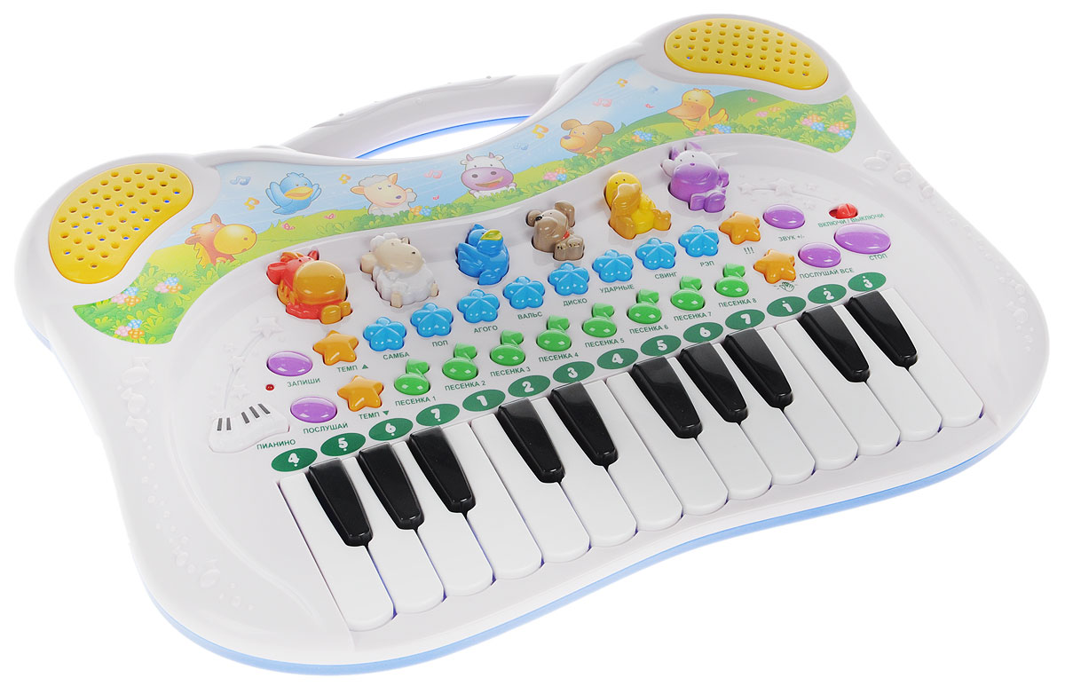 Genio Kids Синтезатор Поющие друзьяPK39FY Genio Kids Синтезатор Поющие друзьяPK39FYЯркая музыкальная игрушка Поющие друзья привлечет внимание малыша и доставит ему много удовольствия от часов, посвященных игре с ним. Игрушка Поющие друзья превращает знакомство с музыкой в увлекательную игру. Она представляет собой мини-синтезатор с 24 черно-белыми клавишами, веселыми мелодиями и забавными звуками. Ребенок познакомится с такими музыкальными стилями, как диско, вальс, рэп, самба, а также с различными ритмами. В верхней части игровой панели расположены фигурные кнопки, нажав на которые, можно услышать звук определенного животного. Ребенок может поиграть на пианино, может добавить голоса животных, ускорить темп и увеличить громкость. Есть возможность записать свою музыку и послушать, что получилось. На синтезаторе регулируется громкость и темп проигрывания мелодий. Вверху игрушка дополнена удобной ручкой для комфортной переноски с места на место. С помощью этого синтезатора ребенок сможет развить свои музыкальные способности и...
