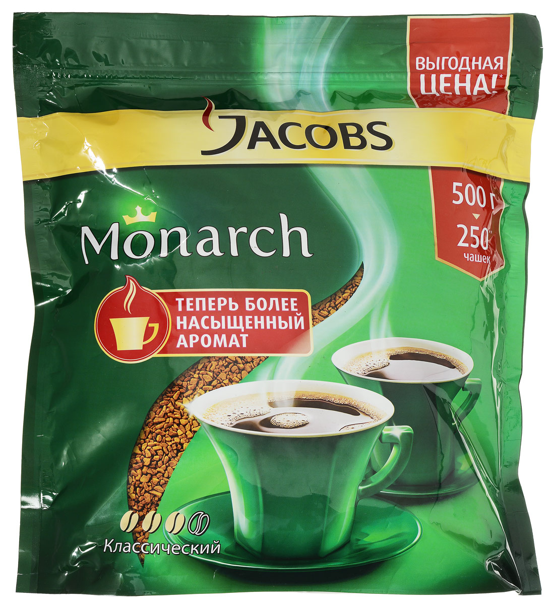 Jacobs Monarch кофе растворимый, 500 г (пакет)784663 Jacobs Monarch кофе растворимый, 500 г (пакет)784663Встречайте кофе Jacobs Monarch с еще более насыщенным и притягательным ароматом, дополняющим богатый классический вкус. Он создается благодаря исключительному сочетанию отборных зерен и грубой обжарке, и является наиболее популярным кофе в линейке Jacobs Monarch. Приготовьте кофе Jacobs Monarch для себя и своих близких. Почувствуйте его более насыщенный аромат, который заполняет все вокруг, создавая особую атмосферу теплоты общения. Jacobs Monarch. Аромагия сближает!