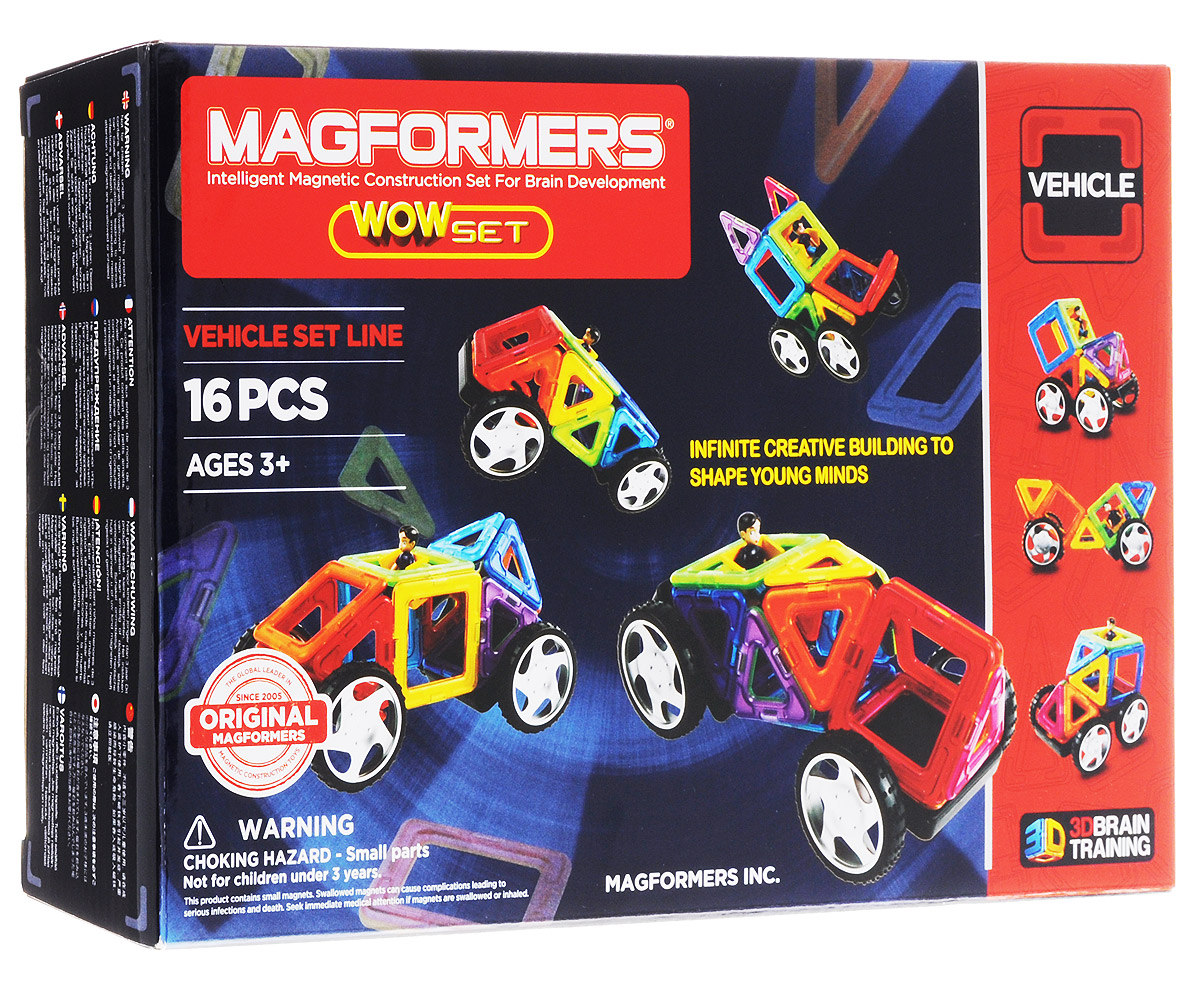 Magformers Магнитный конструктор Wow Set707004 Magformers Магнитный конструктор Wow Set707004Магнитный конструктор Magformers Wow Set не содержит мелких деталей, что делает его абсолютно безопасным. Конструктор подходит детям с трех лет. Этот набор яркий, красочный, фееричный. В состав конструктора входит 16 элементов. Помимо базовых деталей - квадратов и треугольников, тут присутствуют 2 колесные базы. Наличие квадратика со встроенной фигуркой мальчика делает игру живее и интереснее - прокатить кого-то на только что изобретенном автомобиле всегда здорово! Прочные и сильные магнитики в элементах делают конструкции очень крепкими. Также в наборе 20 тематических двухсторонних карт. Половина карт представляет 20 оригинальных автомоделей, каждую из которых можно собрать из элементов данного набора. Другая половина карт наглядно демонстрируют принцип конструирования из Magformers. Все детали этого набора совместимы с другими наборами Magformers, что позволяет делать очень интересные комбинации.