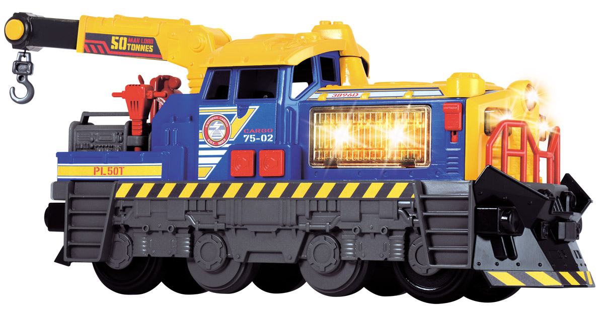 Dickie Toys Локомотив3308368 Dickie Toys Локомотив3308368Локомотив Dickie Toys привлечет внимание вашего ребенка и не позволит ему скучать. Мощный локомотив оснащен поворачивающимся подъемным краном с поднимающейся стрелой. Крюк крана на веревке опускается. Поднимается крюк путем нажатия кнопки на стреле крана. Световые и звуковые эффекты активируются с помощью кнопок возле кабины локомотива. С правой стороны на корпусе локомотива имеется рычажок, который открывает отсек двигателя, сопровождая это звуками ремонта и световыми эффектами. Локомотив также имеет съемный отбойный молоток. Ваш ребенок сможет часами играть с локомотивом, придумывая разные истории. Порадуйте его таким замечательным подарком! Для работы игрушки необходимы 2 батарейки типа АА напряжением 1,5V (товар комплектуется демонстрационными).