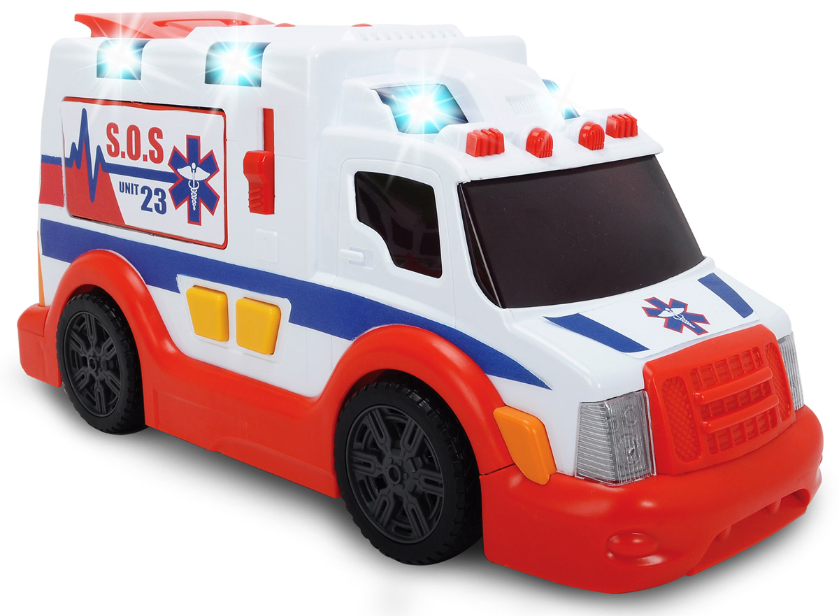 Dickie Toys Скорая помощь3308360 Dickie Toys Скорая помощь3308360Машина скорой помощи Dickie Toys привлечет внимание вашего ребенка и не позволит ему скучать. Игрушка выполнена из прочного пластика в виде хорошо детализированной скорой. Задние дверцы открываются, пандус опускается. Все это делается одновременно путем нажатия большой кнопки на крыше машины. На правом борту скорой помощи снаружи имеется рычажок, открывающий дверцу с медикаментами и инструментами. В комплект также входят носилки, которые можно загружать внутрь машины. Для придания большей реалистичности машина оснащена световыми и звуковыми эффектами, которые включаются с помощью кнопок. Ваш ребенок сможет часами играть с машинкой, придумывая разные истории. Порадуйте его таким замечательным подарком! Для работы игрушки необходимы 2 батарейки типа АА напряжением 1,5V (товар комплектуется демонстрационными).