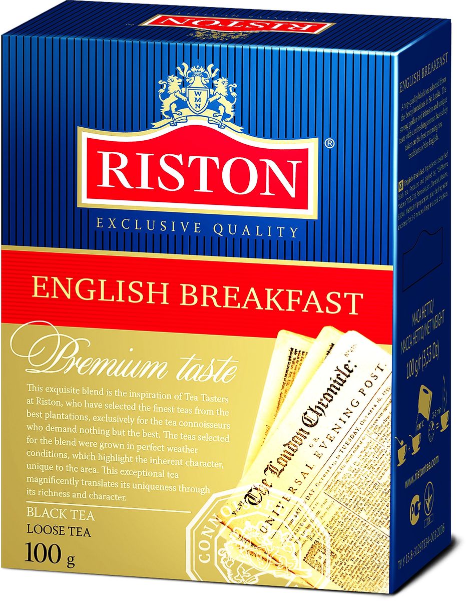Riston Английский Завтрак ВОР черный листовой чай, 100 г4792156002132 Riston Английский Завтрак ВОР черный листовой чай, 100 г4792156002132Riston Английский Завтрак ВОР - черный чай высшей категории, собранный на лучших плантациях Шри-Ланки. Крепкий настой красного оттенка с золотистым отливом, уникальным вкусом и освежающим ароматом стал непременным атрибутом традиционного английского завтрака.