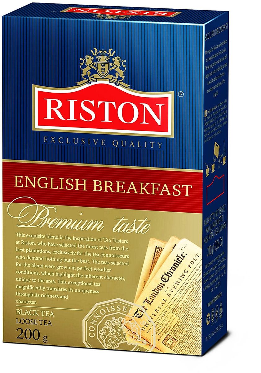 Riston Английский Завтрак ВОР черный листовой чай, 200 г4792156002156 Riston Английский Завтрак ВОР черный листовой чай, 200 г4792156002156Riston Английский Завтрак ВОР - черный чай высшей категории, собранный на лучших плантациях Шри-Ланки. Крепкий настой красного оттенка с золотистым отливом, уникальным вкусом и освежающим ароматом стал непременным атрибутом традиционного английского завтрака.