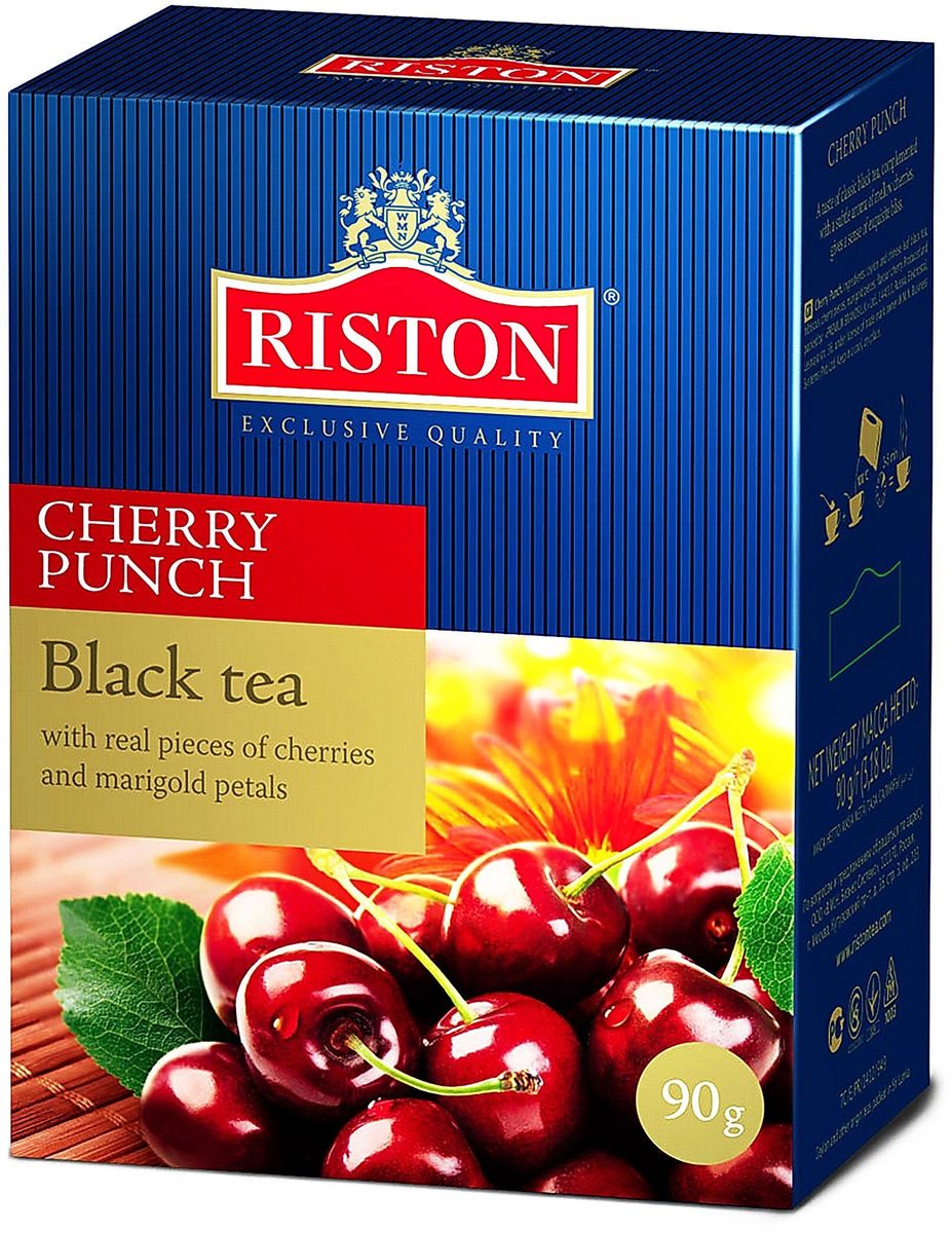 Riston Вишневый Пуш черный фруктовый листовой чай, 90 г4792156009643 Riston Вишневый Пуш черный фруктовый листовой чай, 90 г4792156009643Чай черный байховый цейлонский и китайский крупнолистовой, кусочки вишни, гибискус, лепестки календулы, ароматизатор, идентичный натуральному: вишня.