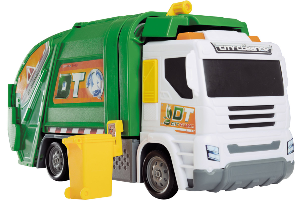 Dickie Toys Мусоровоз цвет зеленый белый3746002 Dickie Toys Мусоровоз цвет зеленый белый3746002Мусоровоз Dickie Toys привлечет внимание вашего ребенка и не позволит ему скучать. Игрушка выполнена из прочного пластика в виде хорошо детализированного мусоровоза. Кузов машины поднимается, задняя дверца кузова открывается. Мусоровоз оснащен подъемным механизмом для опрокидывания мусорного бака (в комплекте). Для придания большей реалистичности машина оснащена световыми и звуковыми эффектами, которые включаются кнопкой на правой стороне кабины. Ваш ребенок сможет часами играть с мусоровозом, придумывая разные истории. Порадуйте его таким замечательным подарком! Для работы игрушки необходимы 2 батарейки типа АА напряжением 1,5V (товар комплектуется демонстрационными).