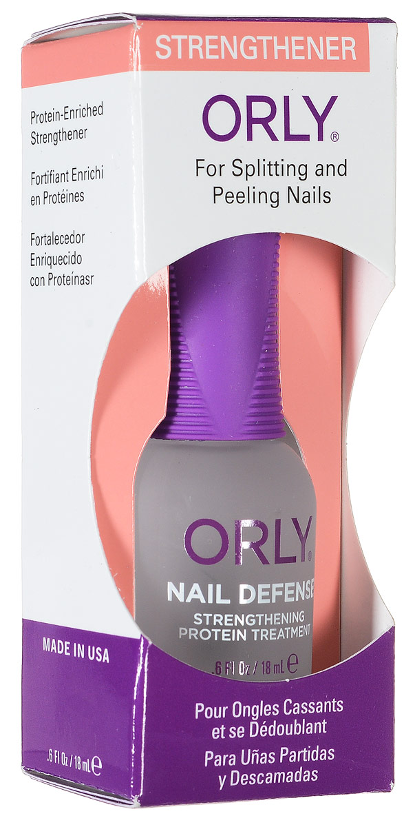 Orly Покрытие для слоящихся ногтей Nail Defense, 18 мл24420 Orly Покрытие для слоящихся ногтей Nail Defense, 18 мл24420Обогащенная белком формула покрытия Orly Nail Defense обеспечивает защиту и укрепление ногтевой пластины. Стимулирует рост крепких ногтей, предотвращая их расслаивание. Протеин, который входит в состав препарата, осуществляет склеивание чешуек ногтей между собой, а также запечатывание свободного края для предотвращения его расслаивания. Способ применения : если ногти слоятся очень сильно, то первые 2 недели наносить через день послойно. В дальнейшем использовать как базу и верхнее покрытие в течение 2-3 месяцев. Характеристики: Объем: 18 мл. Артикул: 44420. Производитель: США. Товар сертифицирован. Состав: этилацетат, бутилацетат, нитроцеллюлоза, SDА-40В, гептан, изопропил, пропилацетат, гликолевый сополимер, этилтосиламид, триметил пентанил диизобутират, камфара, бензофенон-1, диметикон, поливинил бутирал, токоферил ацетат (витамин А), сафлоровое масло, экстракт мелиссы, экстракт конского...