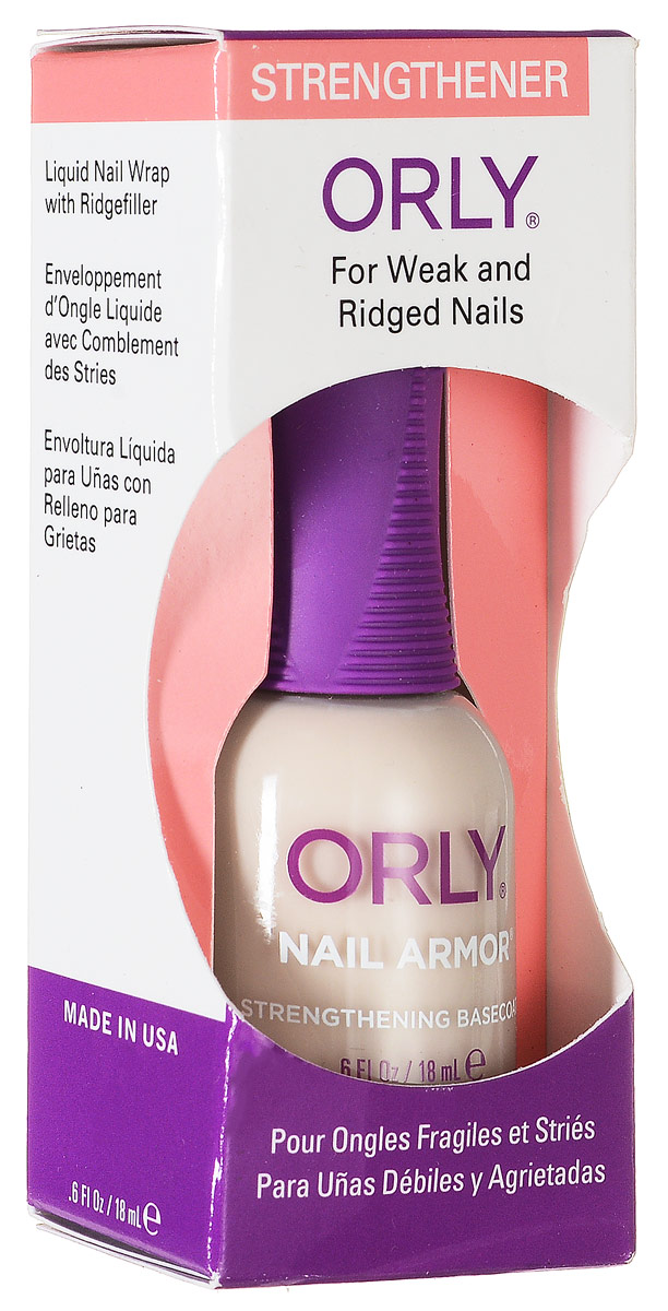 Orly Покрытие с эффектом армирования ногтей Nail Armor, 18 мл24440 Orly Покрытие с эффектом армирования ногтей Nail Armor, 18 мл24440Жидкое шелковое покрытие Orly Nail Armor для укрепления хрупких ломких ногтей. Средство отлично укрепляет ногти за счет содержащихся в препарате волокон шелка и кевлара, которые приклеиваются к ногтевой пластине, образуя сетку. Покрытые этим средством ногти прекрасно выглядят даже под прозрачным лаком. Способ применения : средство наносится в качестве базового покрытия на обезжиренную ногтевую пластину в 1-2 слоя. Полученная сетка из волокон легко камуфлируется лаком или верхним покрытием. Характеристики: Объем: 18 мл. Артикул: 44440. Производитель: США. Товар сертифицирован. Состав: этилацетат, бутилацетат, нитроцеллюлоза, изопропил, сополимеры, тальк, триметил-пентанил диизобутират, стеаралкониум гекторит, нейлон-66, лимонная кислота, диоксид титана, волокна шелка и кевлара, красители.