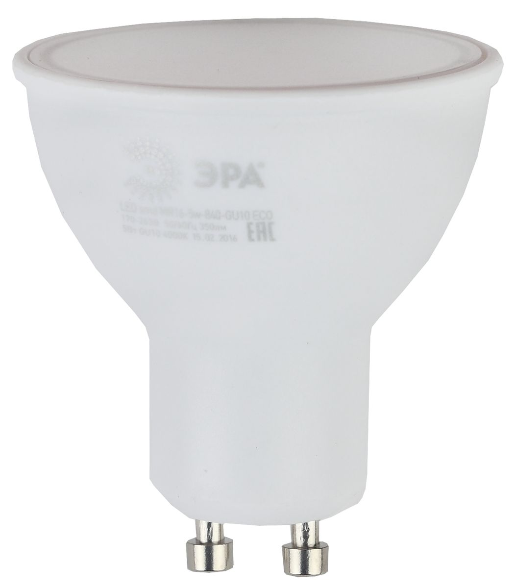 Лампа светодиодная ЭРА, цоколь GU10, 170-265V, 5W, 2700К. Б00190625055945536454 Лампа светодиодная ЭРА, цоколь GU10, 170-265V, 5W, 2700К. Б00190625055945536454Светодиодная лампа ЭРА является самым перспективным источником света. Основным преимуществом данного источника света является длительный срок службы и очень низкое энергопотребление, так, например, по сравнению с обычной лампой накаливания светодиодная лампа служит в среднем в 50 раз дольше и потребляет в 10-15 раз меньше электроэнергии. При этом светодиодная лампа практически не подвержена механическому воздействию из-за прочной конструкции и позволяет получить любой цвет светового потока, что, несомненно, расширяет возможности применения и позволяет создавать новые решения в области освещения. Особенности серии Eco: Предназначена для обычного потребителя Цена ниже, чем цена компактной люминесцентной лампы Световая отдача источников света - 70-80 лм/Вт Срок службы составляет 25000 часов Гарантия - 1 год. Работа в цепи с выключателем с подсветкой не рекомендована.