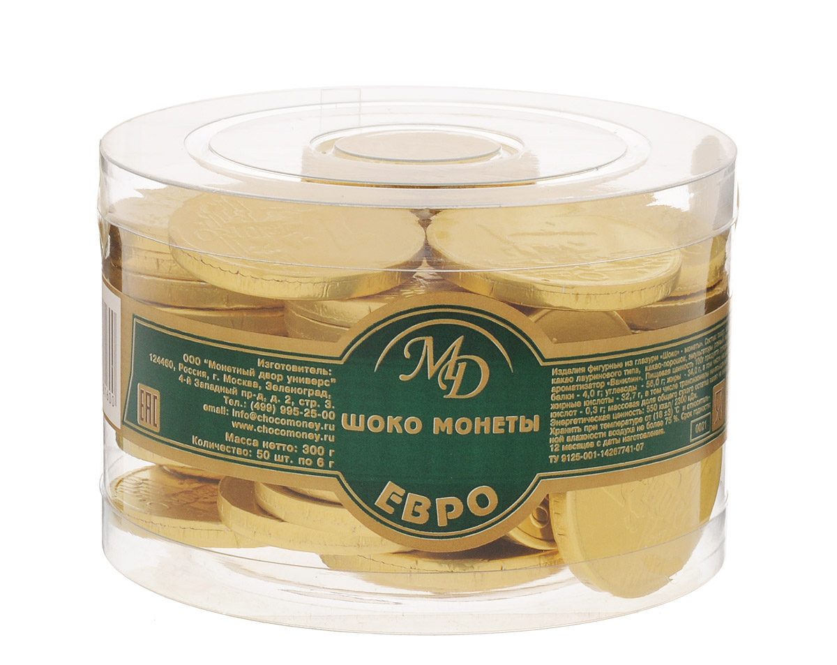 Монетный двор Шоколадные монеты Евро, 50 шт по 6 г (пластиковая банка)3434 Монетный двор Шоколадные монеты Евро, 50 шт по 6 г (пластиковая банка)3434Шоколад не зря ценился нашими предками на вес золота — в этом продукте кроются удивительные свойства, которые способствуют поднятию настроения и дарят улыбку, не говоря уже об удивительном, ярком вкусе, которым обладает настоящий шоколад отборных сортов. Все эти качества, а еще необычный внешний вид сошлись в одном из самых популярных продуктов — шоколадных монетах. Шоколадные монеты Евро - ценный и остроумный подарок для тех, у кого всё есть. А еще просто очень вкусное дополнение к чаю!