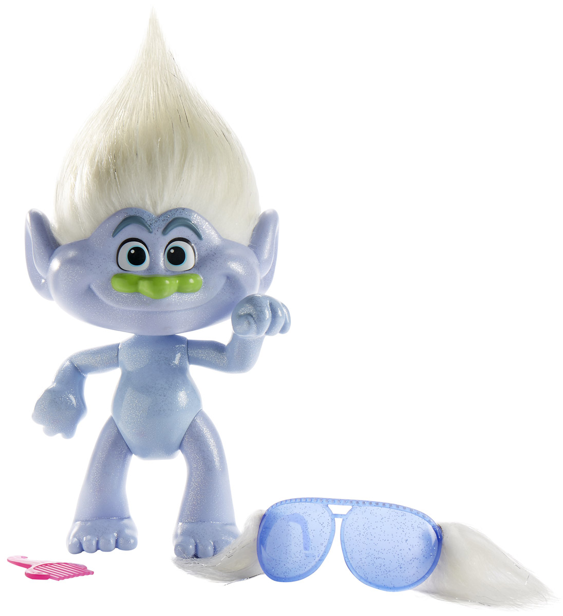 Trolls Большая фигура Тролль Guy Diamond 35 смB8999EU4 Trolls Большая фигура Тролль Guy Diamond 35 смB8999EU4Фигурка Trolls Тролль Guy Diamond исполнена по мотивам полнометражного мультфильма Trolls. Тело фигурки выполнено из голубого пластика с блестками. Обаятельный тролль имеет милую физиономию с торчащими вверх белыми волосами и зеленым носом. В комплекте с фигуркой входят: расческа, чтобы причесывать своего нового друга и стильные очки. Глаза фигурки тщательно прорисованы. Очаровательная фигурка имеет подвижные части тела и подробно детализирована. Забавная игрушка поднимет настроение и поможет придумать массу интересных сюжетов для занимательной игры, развивая фантазию и воображение ребенка.