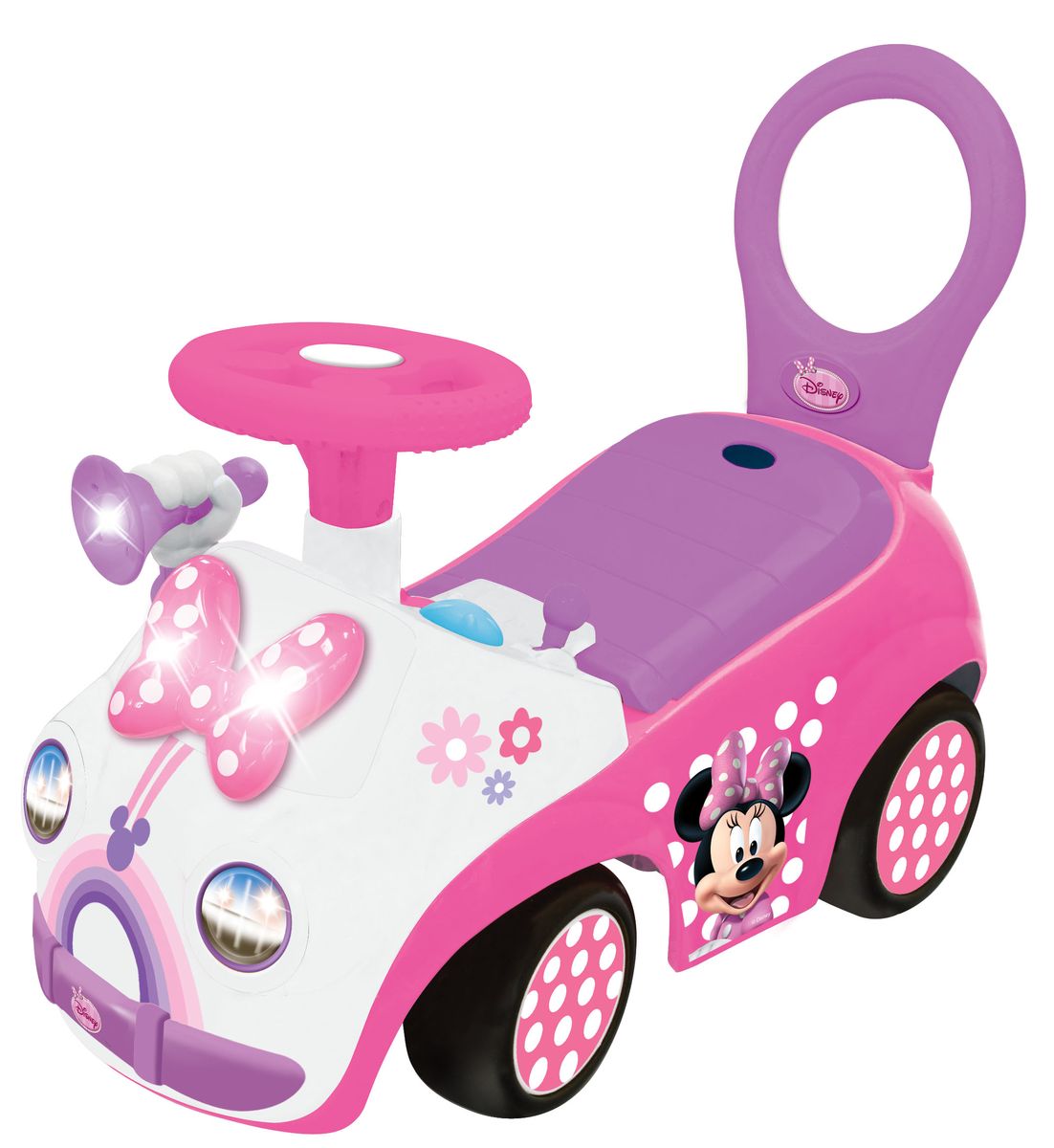 Kiddieland Каталка-пушкар Милашка МинниKID 048751 Kiddieland Каталка-пушкар Милашка МинниKID 048751Каталка-пушкар Kiddieland Милашка Минни понравится поклонникам мультфильма Уолта Диснея о крошке Минни. Корпус выполнен в стиле героини в розово-сиреневых тонах и украшен бантиком на капоте и тематическими наклейками. Особенности: Игрушка является опорой при ходьбе и первым транспортным средством ребёнка, на котором он сможет перемещаться, удобно расположившись на сиденье и отталкиваясь ногами от пола. Каталка имеет 4 широкие колеса, благодаря чему она устойчиво стоит на поверхности и снабжена упором, предотвращающим её от опрокидывания. Ребёнок с удовольствием поиграет с разнообразными подвижными элементами, размещёнными на передней панели: кнопки, клавиши, ручки, рычаги, переключатели разнообразят игру и сделают её более увлекательной. Управлять каталкой можно с помощью удобного руля, а предупреждать прохожих о приближении гудком. Игрушка оснащена звуковыми и световыми эффектами: малыши смогут услышать реалистичные...