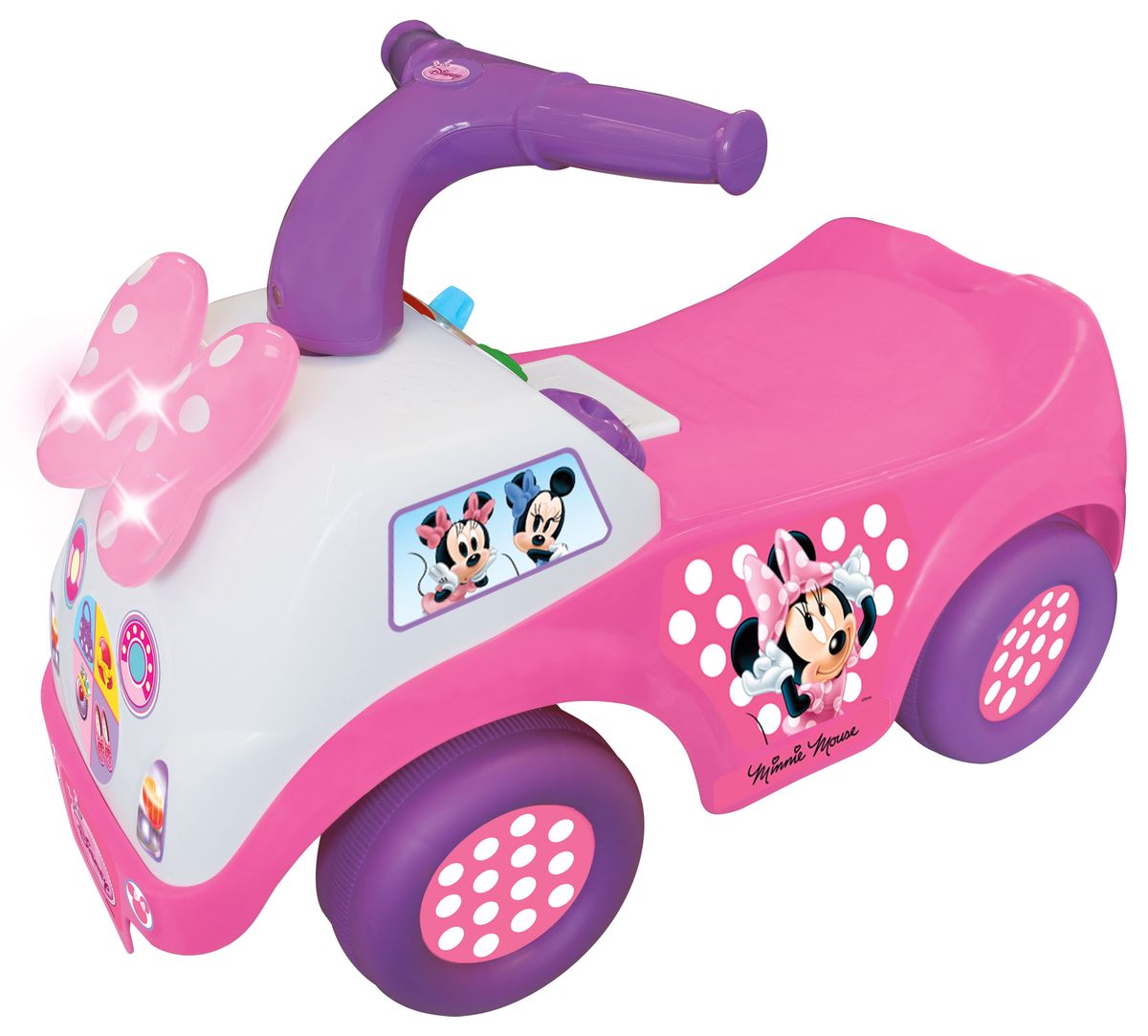 Kiddieland Каталка-пушкар Минни MaycKID 049304 Kiddieland Каталка-пушкар Минни MaycKID 049304Каталка-пушкар Kiddieland Минни Mayc намного легче, чем трёхколёсный велосипед, поэтому именно с нее лучше начинать первое знакомство крохи с транспортными средствами. Малышам не надо осваивать сложные навыки вращения педалей, а достаточно лишь отталкиваться ногами, чтобы изделие развивало скорость и ехало по дорожкам. А яркий дизайн каталки, несомненно, оценят по достоинству юные поклонницы диснеевских мультфильмов о Мини Маус, ведь именно ее изображениями украшен корпус изделия. Особенности: Каталка предназначена для использования не только на улице, но и дома. Изделие окрашено в нежные яркие цвета: розовый, фиолетовый и белый. Корпус каталки украшен декоративными наклейками с изображением героини диснеевских мультфильмов - Минни Маус, а на передней панели расположен руль с кнопочками, рычаг скоростей, бантик и ключ зажигания. Декоративный бантик на передней части изделия во время движения светится разноцветными огоньками. ...