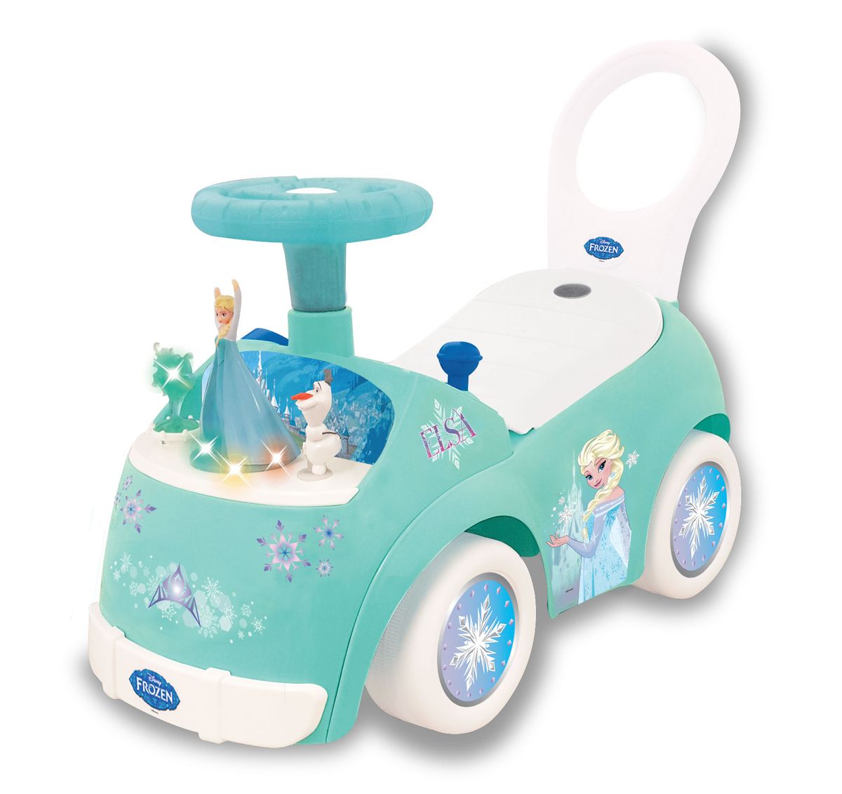 Kiddieland Каталка-пушкар Холодное сердце KID 053439KID 053439 Kiddieland Каталка-пушкар Холодное сердце KID 053439KID 053439Каталка-пушкар Kiddieland Холодное сердце выполнена стиле популярного мультфильма Холодное сердце. Корпус каталки имеет приятный бело-бирюзовый цвет, а передний капот украшен фигурками известных персонажей - принцессы Эльзы и снеговика по имени Олаф. На передней панели находятся разнообразные функциональные кнопочки и выключатели. Машинка развеселит малыша воспроизведением мелодий из мультфильма и реалистичными звуками работающего двигателя. Особенности: Игрушка является надёжной опорой при ходьбе и первым транспортным средством крохи. Каталка имеет 4 широкие колеса, благодаря чему она устойчиво стоит и перемещается по поверхности, также она снабжена выступами, предотвращающими её от опрокидывания. На машине ребёнок сможет кататься, отталкиваясь ногами от пола или использовать каталку в качестве ходунков, опираясь за высокую ручку и толкая её впереди себя. Ручку-спинку, поддерживающую спину крохи, при необходимости можно снять....