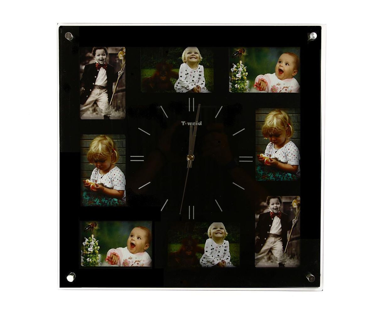Часы настенные T-Weid, с фоторамками, цвет: черный, 40 х 40 х 5 смМ 9012 А Black Часы настенные T-Weid, с фоторамками, цвет: черный, 40 х 40 х 5 смМ 9012 А BlackНастенные кварцевые часы с фоторамками - это прекрасный предмет декора, а также универсальный подарок практически по любому поводу. Корпус часов, выполнен из дерева с черным матовым покрытием и оформлен восемью фоторамками. Циферблат часов оснащен тремя фигурными стрелками: часовой, минутной и секундной. Цифры и метки нанесены черной краской на серебристом фоне на внутренней стороне стекла. Циферблат и стрелки защищены прочным стеклом, который крепится четырьмя металлическими крепежами к корпусу. На задней стенке часов расположена металлическая петелька для подвешивания и блок с часовым механизмом. Часы с фоторамками прекрасно впишутся в любой интерьер. В зависимости оттого, что вы поместите в рамки, будет меняться и стиль часов. Тип механизма: плавающий, бесшумный. Рекомендуется докупить батарейку типа АА (не входит в комплект). для 8 фото 9 х 12 см.
