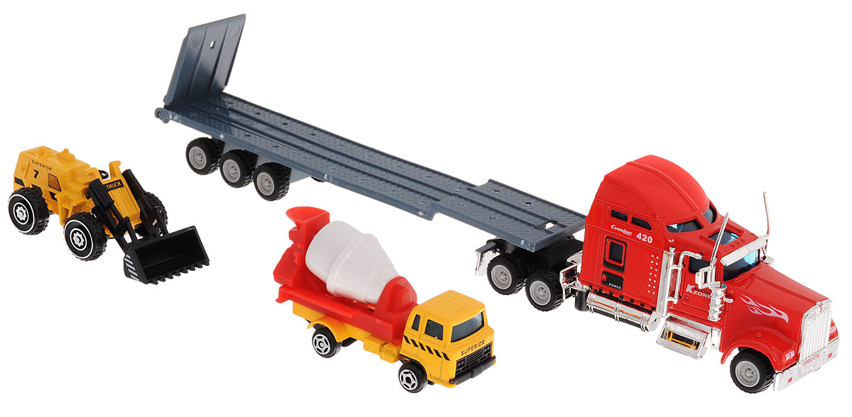 Junfa Toys Автовоз с бетономешалкой и автопогрузчиком цвет кабины красный1805-1E_кабина красная Junfa Toys Автовоз с бетономешалкой и автопогрузчиком цвет кабины красный1805-1E_кабина краснаяАвтовоз с бетономешалкой и автопогрузчиком Junfa Toys позволит ребенку организовать импровизированную стройку. Высокая детализация машинок сделает игру с ними еще интересней. Машинки изготовлены из металла с элементами из пластика. Барабан бетономешалки вращается, ковш погрузчика поднимается, полуприцеп автовоза отсоединяется, его пандус опускается. Сделайте вашему ребенку такой замечательный подарок!
