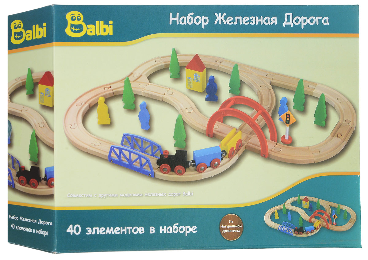 Balbi Железная дорога 40 элементовWT-028 Balbi Железная дорога 40 элементовWT-028Железная дорога Balbi обязательно понравится вашему ребенку и не позволит ему скучать. Набор включает в себя 40 элементов, выполненных из дерева натуральных пород и пластика, некоторые элементы окрашены нетоксичной краской. Из этих деталей ребенок может собрать железную дорогу с мостом, по которой будет ездить паровозик с двумя прицепными вагонами. Вагончики цепляются к паровозу и друг другу с помощью магнита. Вокруг железной дороги можно расположить дом, фигурки людей, деревья и дорожный знак. Игровой набор Balbi Деревянная железная дорога способствует развитию у ребенка мелкой моторики рук, координации движений, воображения и творческого мышления. В набор входят: железная дорога с мостом, дом, паровозик, 2 вагончика, дорожный знак, 6 деревьев, 4 фигурки людей.