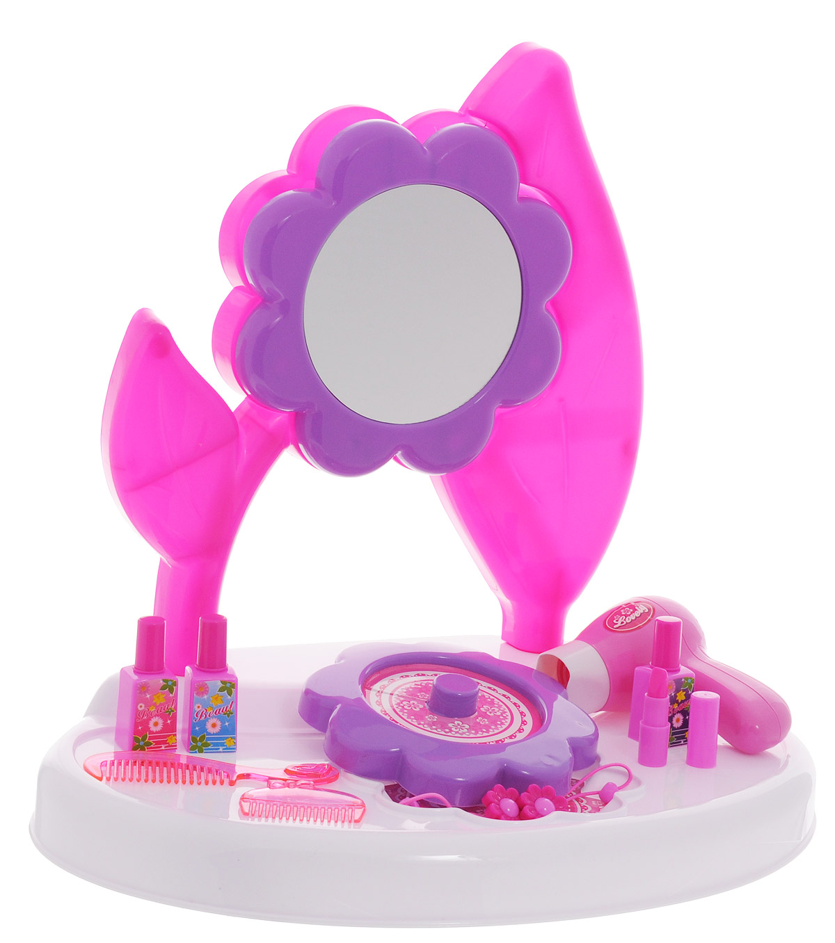 1TOY Туалетный столик Стилист Цветок малый 10 предметовТ59209 1TOY Туалетный столик Стилист Цветок малый 10 предметовТ59209Игровой набор Стилист. Туалетный столик - настоящая мечта каждой маленькой модницы. Теперь у каждой девочки будет свой уголок, где она, сидя перед зеркалом, сможет придумывать элегантные и модные прически, совсем как мама! Столик дополнен круглым безопасным зеркальцем. На панели столика с удобством разместятся все аксессуары, необходимые для создания красоты. Входящий в набор фен дует, совсем как настоящий, так что играть станет еще интереснее. Изящный столик, выполненный в гламурных розовых тонах, идеально подходит и для ролевых игр в модного стилиста, ведь в комплект входят игрушечные расчески, лаки, помады и резиночки для волос. Все, что нужно, чтобы куколки-золушки превращались после игры в красавиц-принцесс. Для работы фена требуется 1 батарейка АА (не входит в комплект).