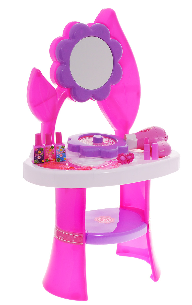 1TOY Туалетный столик Стилист Цветок большой 10 предметовТ59208 1TOY Туалетный столик Стилист Цветок большой 10 предметовТ59208Игровой набор Стилист. Цветок - настоящая мечта каждой маленькой модницы. Теперь у каждой девочки будет свой уголок, где она, сидя перед зеркалом, сможет придумывать элегантные и модные прически, совсем как мама! Столик дополнен круглым безопасным зеркальцем. На панели столика с удобством разместятся все аксессуары, необходимые для создания красоты. Входящий в набор фен дует, совсем как настоящий, так что играть станет еще интереснее. Изящный столик, выполненный в гламурных розовых тонах, идеально подходит и для ролевых игр в модного стилиста, ведь в комплект входят игрушечные расчески, лаки, помады и резиночки для волос. Все, что нужно, чтобы куколки-золушки превращались после игры в красавиц-принцесс. Для работы фена требуется 1 батарейка АА (не входит в комплект).