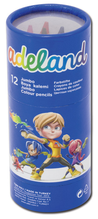Adel Набор цветных карандашей Adeland Jumbo Hexa 12 шт211-9520-100 Adel Набор цветных карандашей Adeland Jumbo Hexa 12 шт211-9520-100Цветные шестигранные карандаши Adel Adeland Jumbo Hexa созданы специально для маленькой детской руки. Набор состоит из 12 ярких карандашей: голубого, синего, фиолетового, красного, оранжевого, желтого, розового, салатового, зеленого, черного, коричневого и цвета хаки. Также в комплект входит пластиковая точилка с двумя отверстиями для стандартных карандашей на 12 мм и для специализированных. Специальная технология проклейки карандаша предотвращает повреждение грифеля при падении. Не рекомендуется детям до 3-х лет.