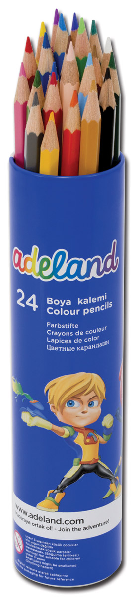 Adel Набор цветных карандашей Adeland 24 шт211-2360-103 Adel Набор цветных карандашей Adeland 24 шт211-2360-103Цветные карандаши Adel Adeland созданы специально для маленькой детской руки. Специальная технология проклейки предотвращает повреждение грифеля при падении. Набор состоит из 24 ярких карандашей, которые находятся в удобном алюминиевом тубусе с изображением супер-героя. Не рекомендуется детям до 3-х лет.