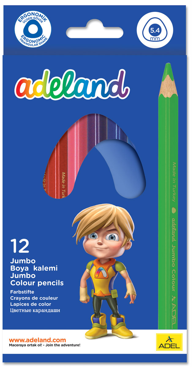Adel Набор цветных карандашей Adeland Jumbo 12 шт 211-7510-110211-7510-110 Adel Набор цветных карандашей Adeland Jumbo 12 шт 211-7510-110211-7510-110Набор цветных карандашей Adel Adeland Jumbo создан специально для маленькой детской руки. Эргономичная трехгранная форма позволяет рисовать ими в течение долгого времени не ощущая усталости. Специальная технология проклейки предотвращает повреждение грифеля при падении. Набор состоит из 12 ярких, легко затачиваемых карандашей. Коробка оформлена изображением персонажа Hiro из турецкого мультфильма Renk Koruyuculari. Не рекомендуется детям до 3-х лет.