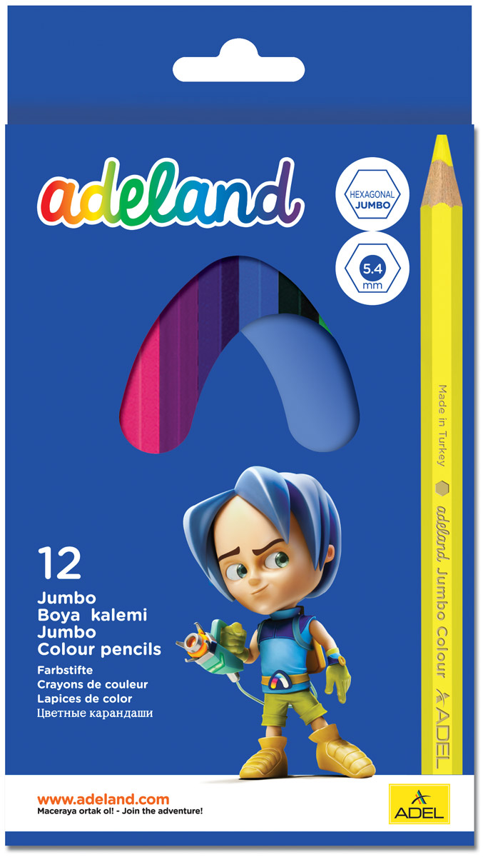 Adel Набор цветных карандашей Adeland Jumbo Hexa 12 шт 211-9510-100211-9510-100 Adel Набор цветных карандашей Adeland Jumbo Hexa 12 шт 211-9510-100211-9510-100Набор цветных шестигранных карандашей Adel Adeland Jumbo Hexa создан специально для маленькой детской руки. Специальная технология проклейки предотвращает повреждение грифеля при падении. Набор состоит из 12 ярких, легко затачиваемых карандашей. Коробка оформлена изображением персонажа Notro из турецкого мультфильма Renk Koruyuculari. Не рекомендуется детям до 3-х лет.