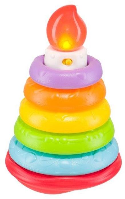 Happy Baby Пирамидка Happy Cake330080 Happy Baby Пирамидка Happy Cake330080Пирамидка состоит из стержня в виде свечки и нанизанных на него пяти колечек разных по цвету, размеру и фактуре. В собранном виде пирамидка напоминает многоярусный тортик на основании которого есть включатель и уровень громкости тише - громче. При включении пирамидки на тортике зажигается свеча и звучит веселая музыка, под которую малыш разбирает пирамидку. При нанизывание каждого колечка на стержень зажигается свеча и звучит разная мелодия. Как только малыш нанизывает самое маленькое колечко, раздается детский смех и аплодисменты. Кроха понимает, что для того, чтобы услышать похвалу, он должен собрать всю пирамидку, а это приучает ребенка доводить дело до конца, воспитывает усидчивость. Пирамидка является универсальной игрушкой, которую можно использовать для развития крохи практически с его рождения! Колечки от пирамидки могут служить ярким демонстрационным материалом с самого раннего детства, когда малыш будет учиться фиксировать взгляд. Особенно подойдет колечко с шумовым...